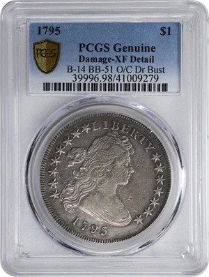 image for: 1795 Draped Bust Silver Dollar. BB-51, B-14. Rarity-2. Off-Center Bust. VF Details--Damage (PCGS).