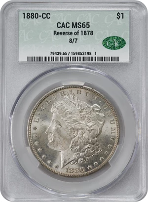 image for: 1880-CC Morgan Silver Dollar. VAM-7. Hit List 40. 8/7, Reverse of 1878. MS-65 (CACG).