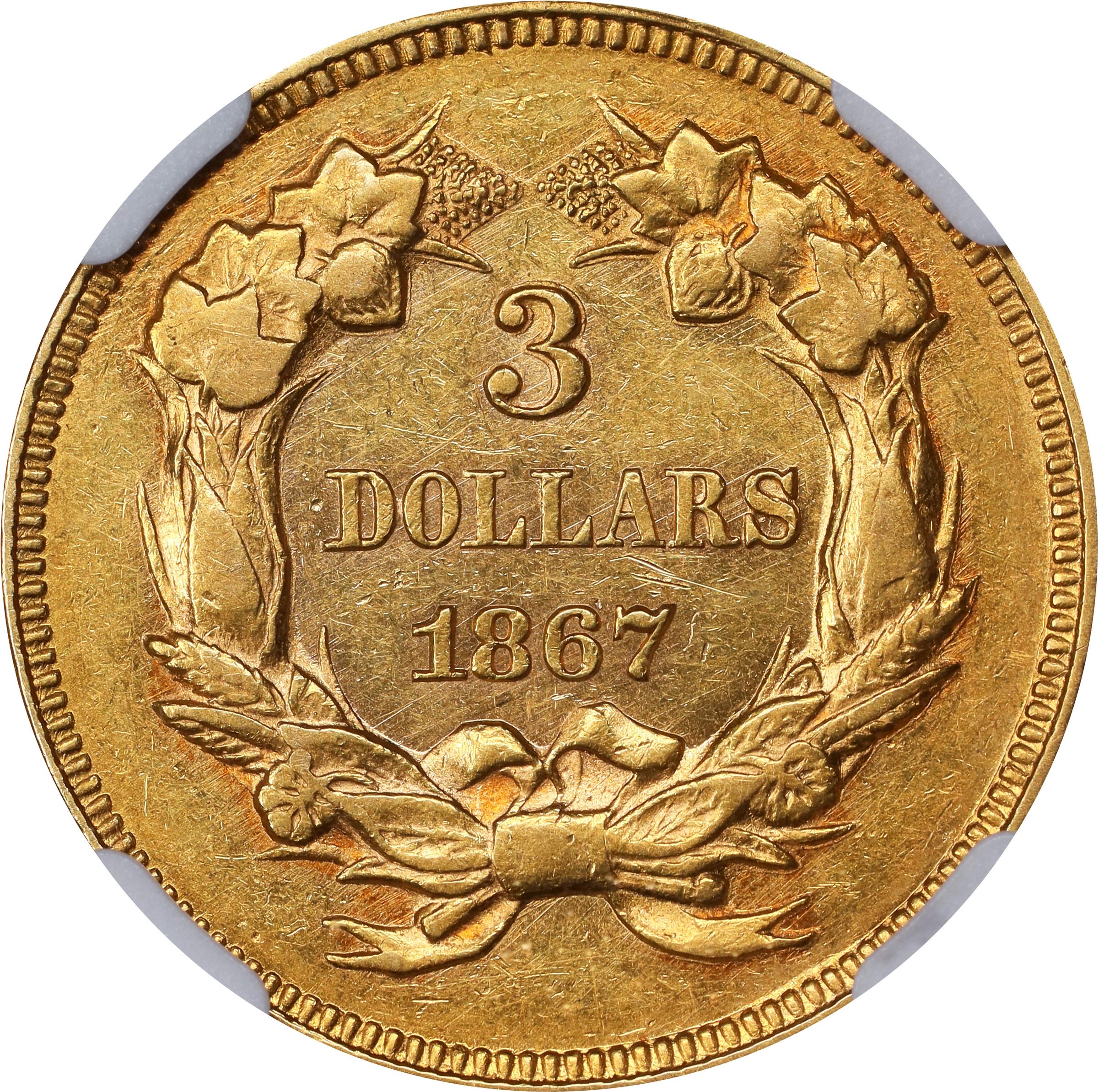 image for: 1867 Three-Dollar Gold Piece. AU Details--Obverse Damage (NGC).
