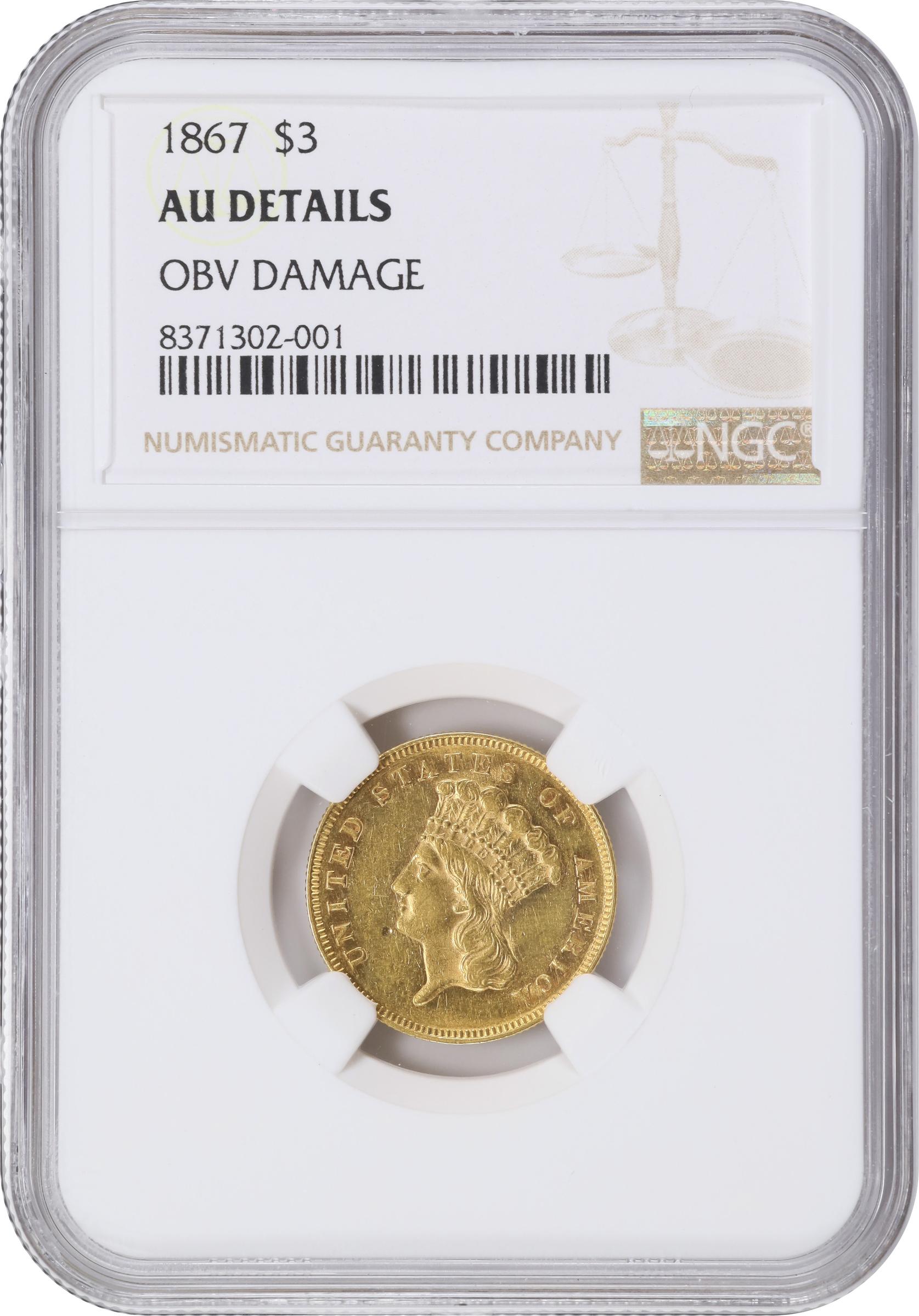 image for: 1867 Three-Dollar Gold Piece. AU Details--Obverse Damage (NGC).