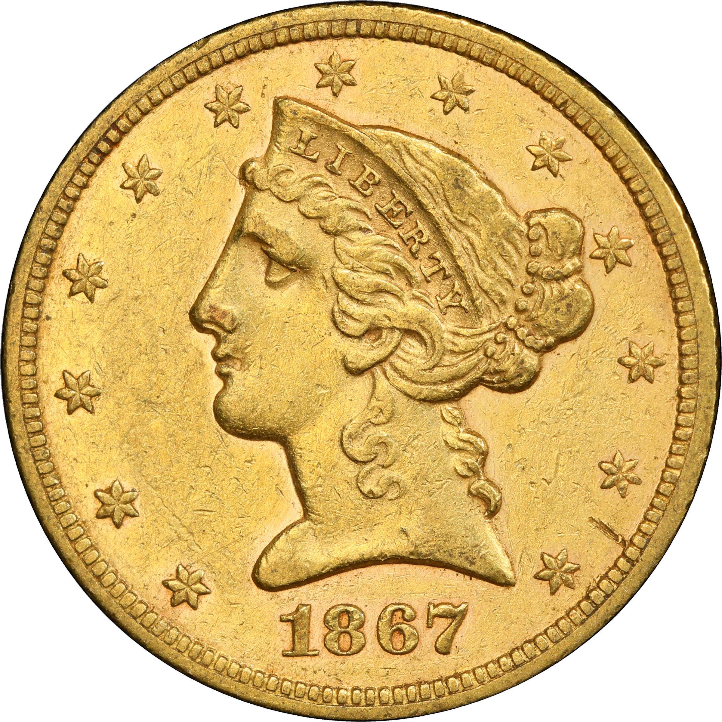 image for: 1867 Liberty Head Half Eagle. AU Details--Cleaned (PCGS).