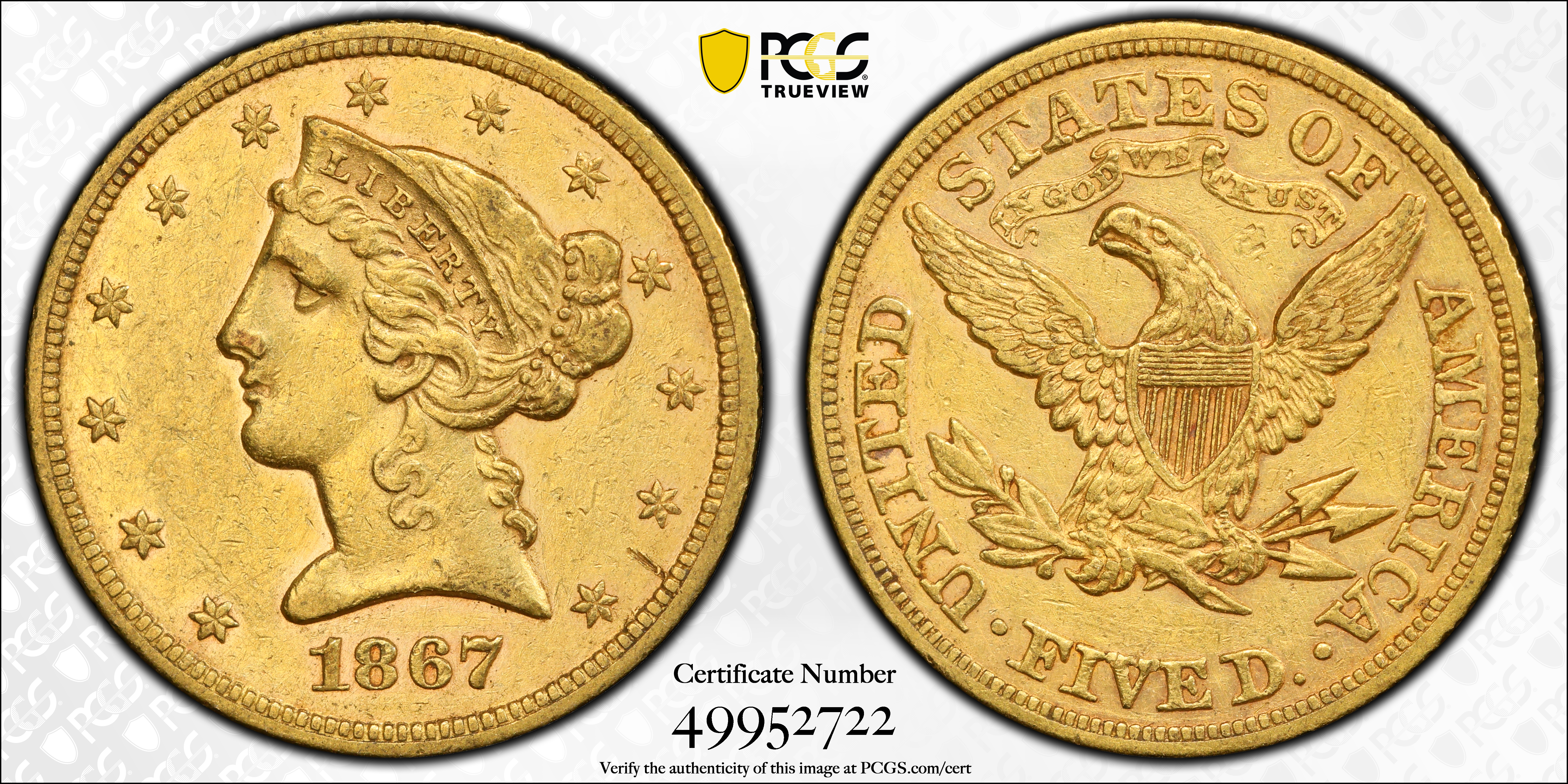 image for: 1867 Liberty Head Half Eagle. AU Details--Cleaned (PCGS).