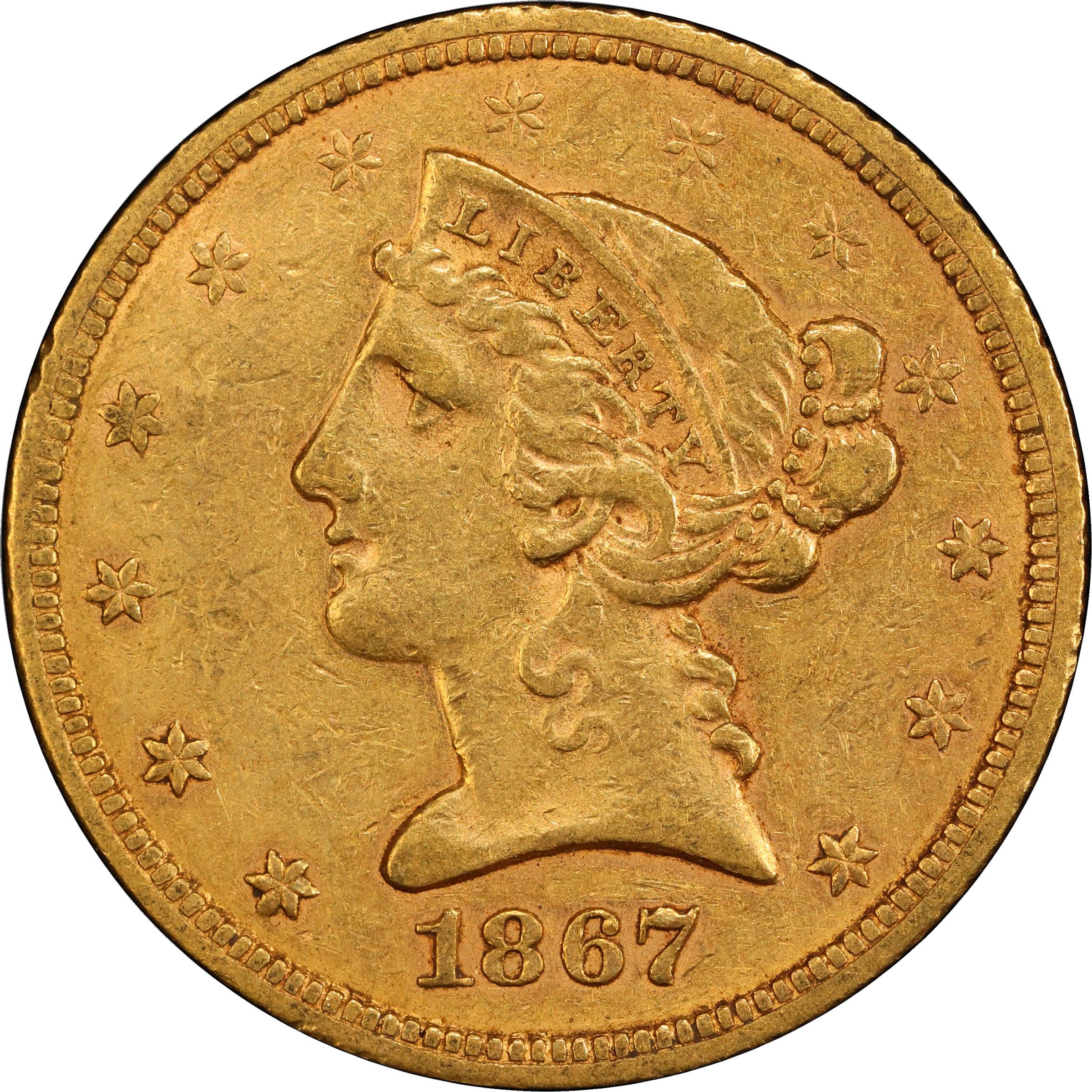 image for: 1867 Liberty Head Half Eagle. EF Details--Bent (PCGS).