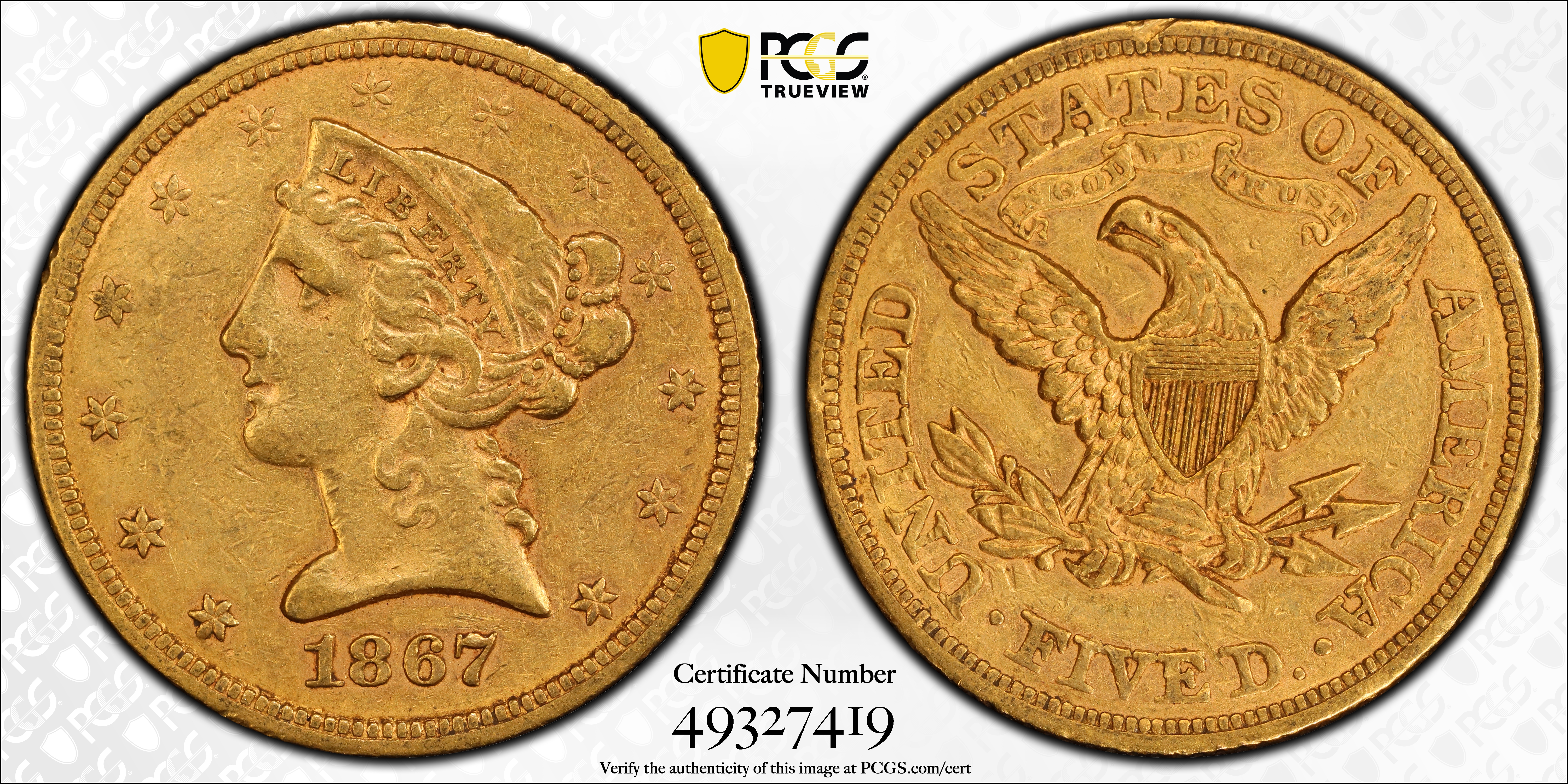 image for: 1867 Liberty Head Half Eagle. EF Details--Bent (PCGS).