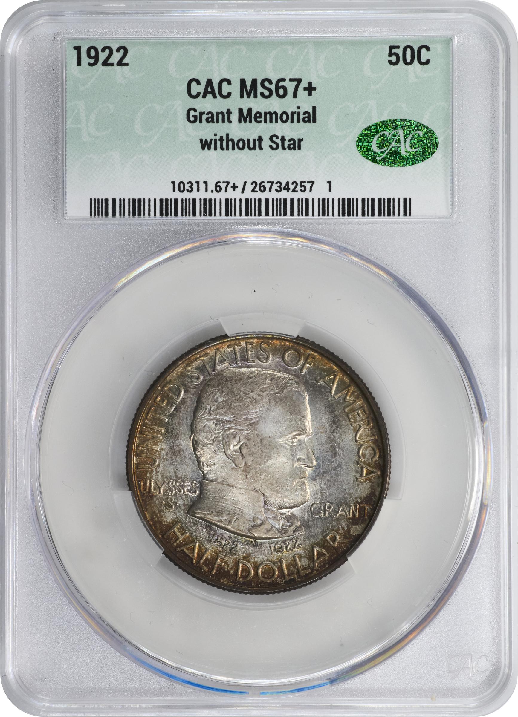 1922 50c Grant Memorial, without Star MS67 CAC thumbnail 5