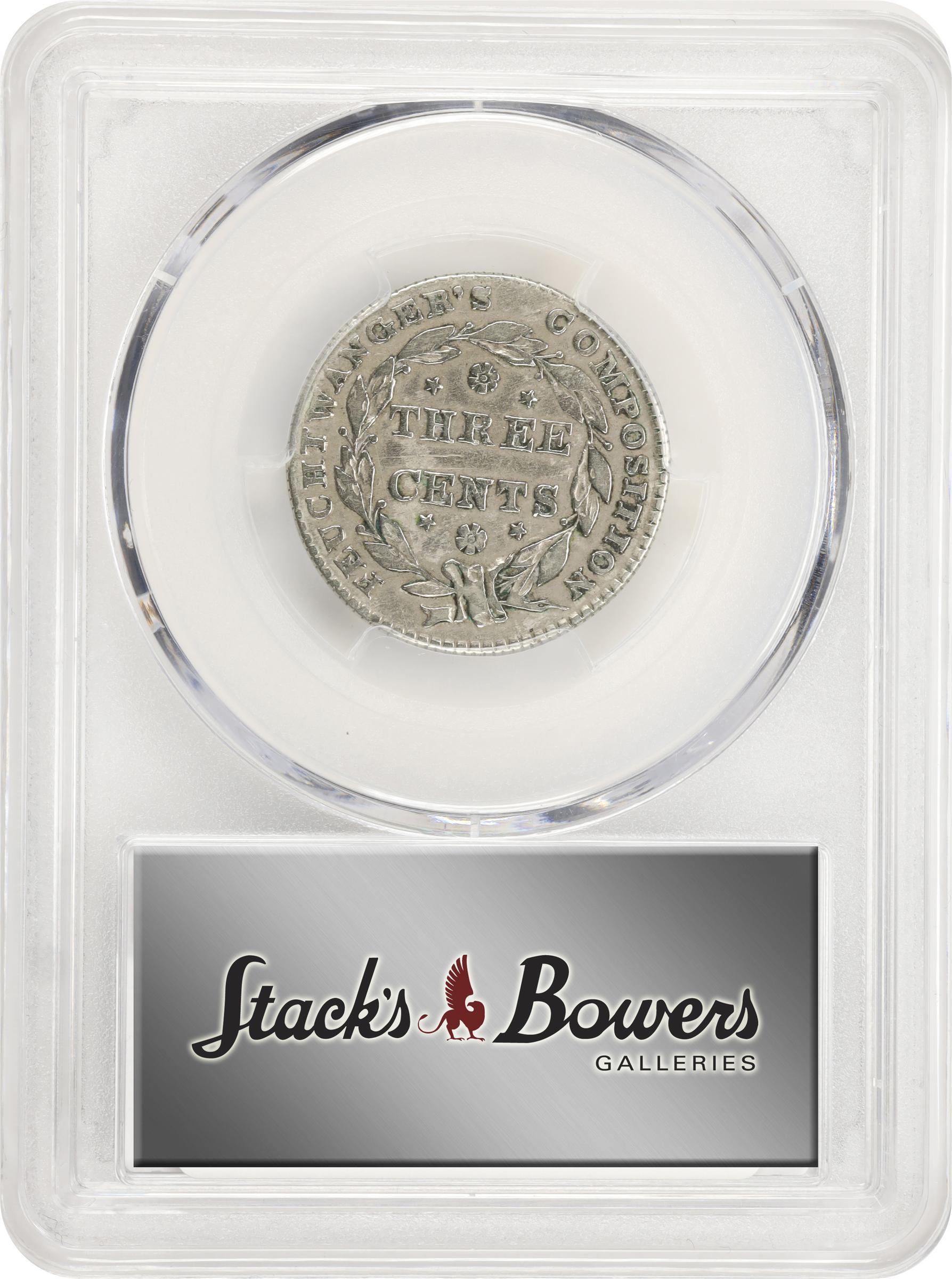 image for: NEW YORK. New York. 1837 Feuchtwanger Three Cents. HT-262, Low-117, W-NY-480-60j. Rarity-3. German Silver. Reeded Edge. VF Details--Scratch (PCGS).
