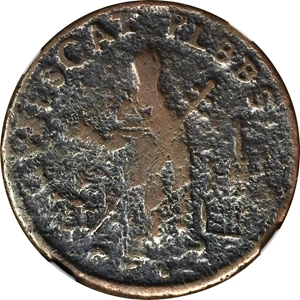 image for: Undated (ca. 1652-1674) St. Patrick Farthing. Martin 1c.6-Ca.2, W-11500. Rarity-5. Copper. Nothing Below King. VG Details--Environmental Damage (NGC).