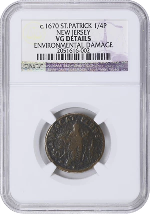 image for: Undated (ca. 1652-1674) St. Patrick Farthing. Martin 1c.6-Ca.2, W-11500. Rarity-5. Copper. Nothing Below King. VG Details--Environmental Damage (NGC).