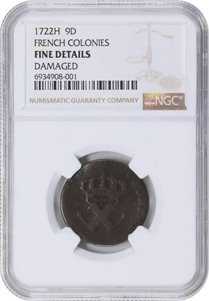 image for: 1722-H Sou, or 9 Deniers. La Rochelle Mint. Martin 2.22-D.5, W-11840. Rarity-3. Fine Details--Damaged (NGC).
