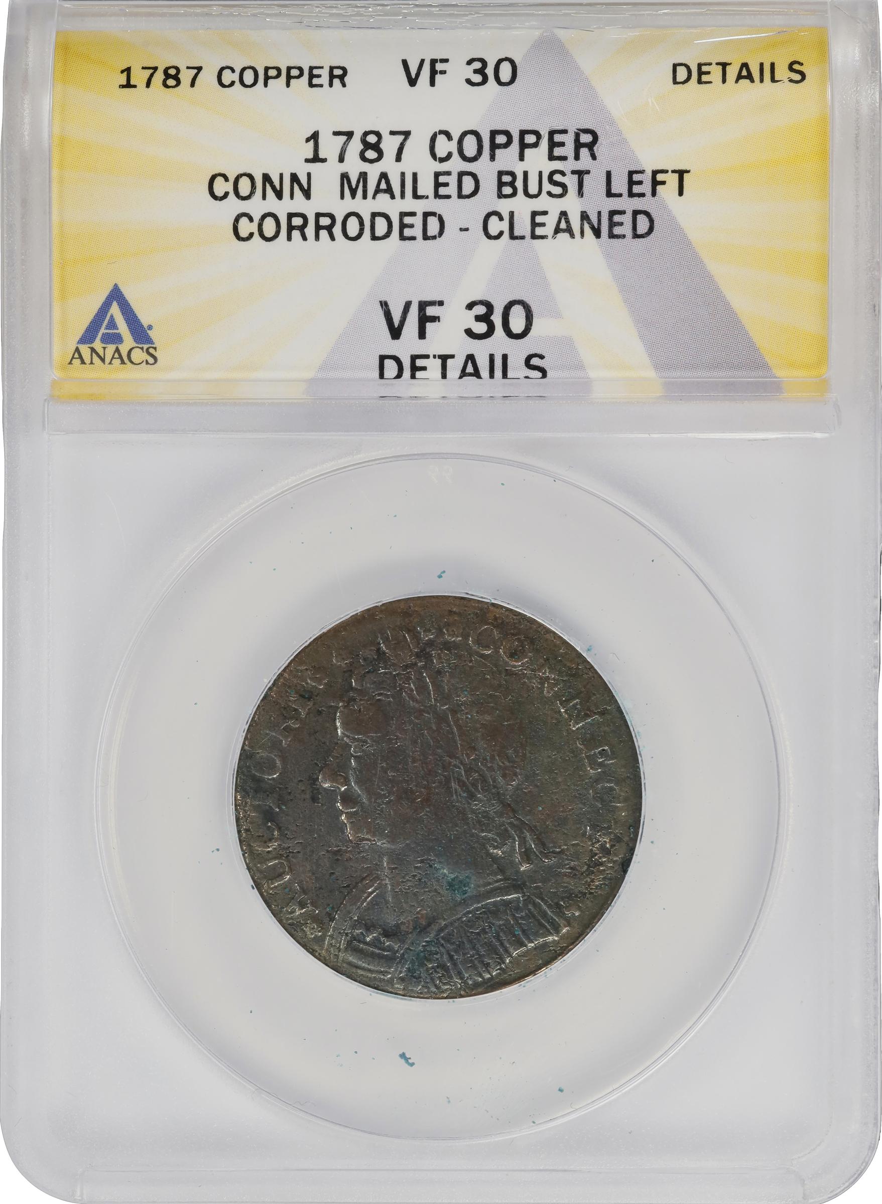 image for: 1787 Connecticut Copper. Miller 15-F, W-2900. Rarity-3. Mailed Bust Left, CONNECT. VF-30 Details--Corroded, Cleaned (ANACS).