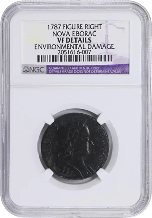 image for: 1787 Nova Eborac Copper. W-5760. Rarity-3. Medium Bust, Seated Figure Right. VF Details--Environmental Damage (NGC).