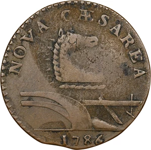 image for: 1786 New Jersey Copper. Maris 14-J, W-4810. Rarity-1. Straight Plow Beam, Stegosaurus Head. Very Fine, Porous.