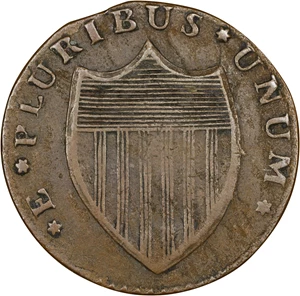 image for: 1786 New Jersey Copper. Maris 14-J, W-4810. Rarity-1. Straight Plow Beam, Stegosaurus Head. Very Fine, Porous.