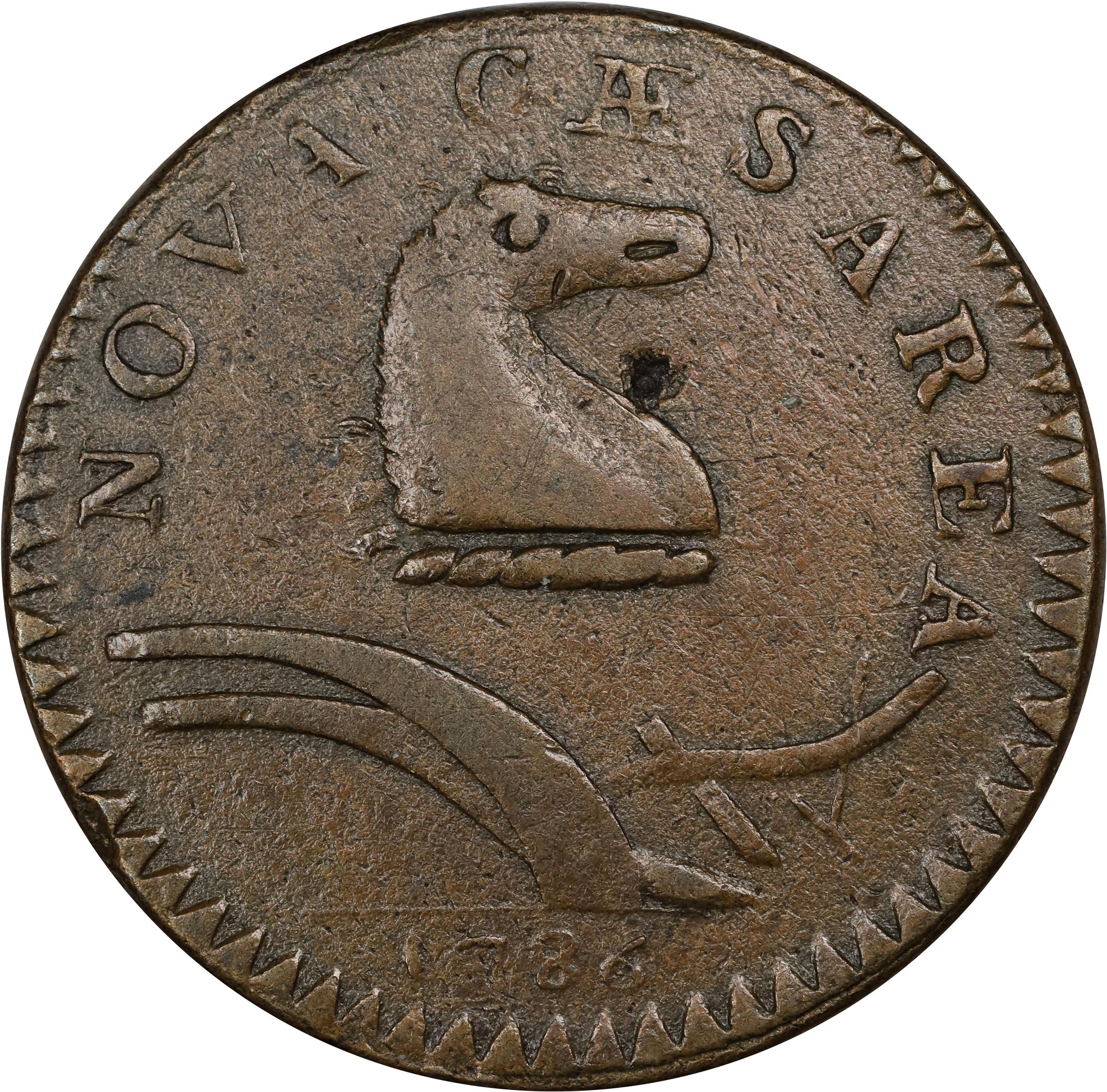 image for: 1786 New Jersey Copper. Maris 24-P, W-4965. Rarity-2. Curved Plow Beam, Narrow Shield. Very Fine.