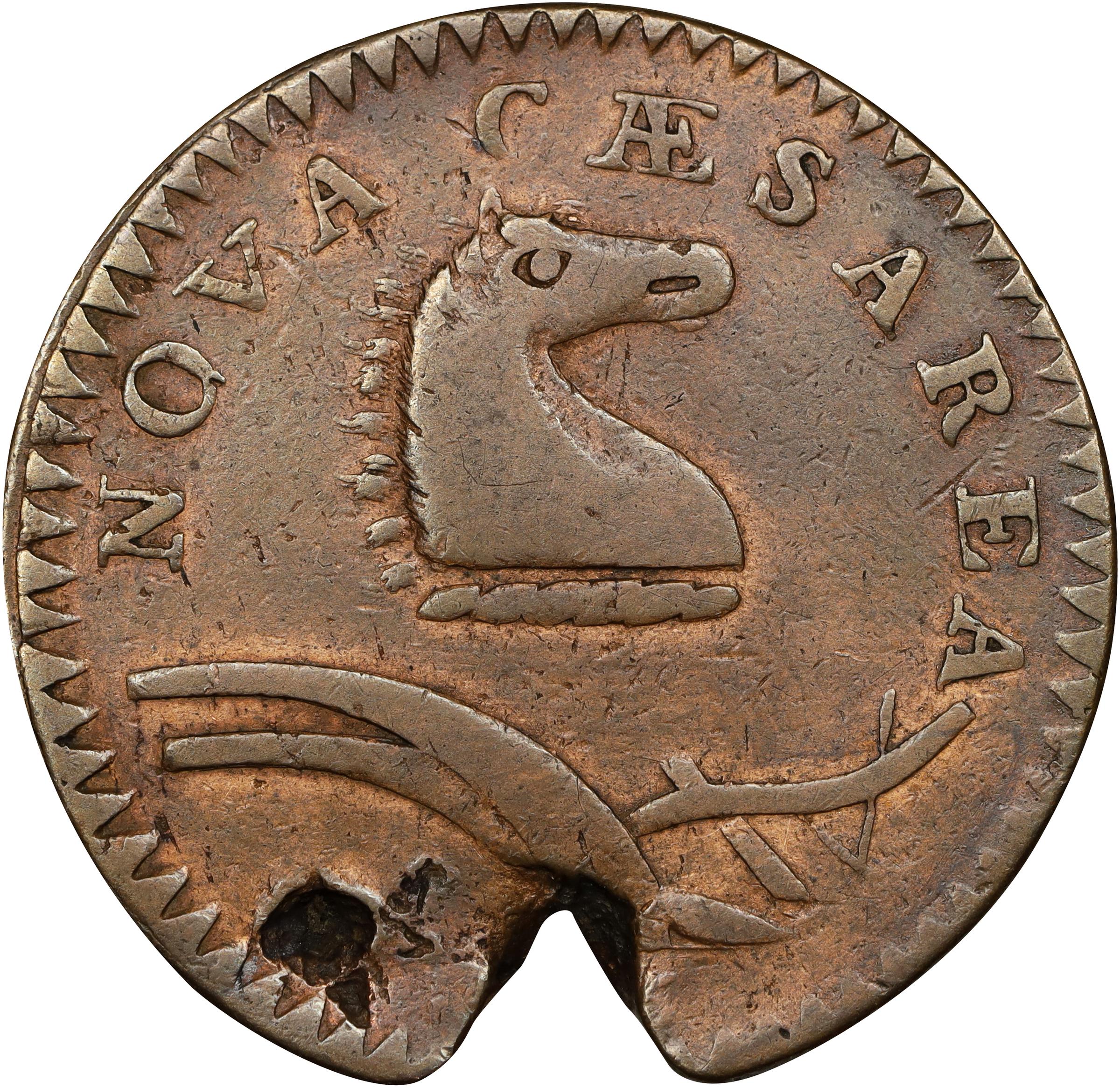 image for: 1786 New Jersey Copper. Maris 24-P, W-4965. Rarity-2. Curved Plow Beam, Narrow Shield. Very Fine, Flawed Planchet, Cleaned.