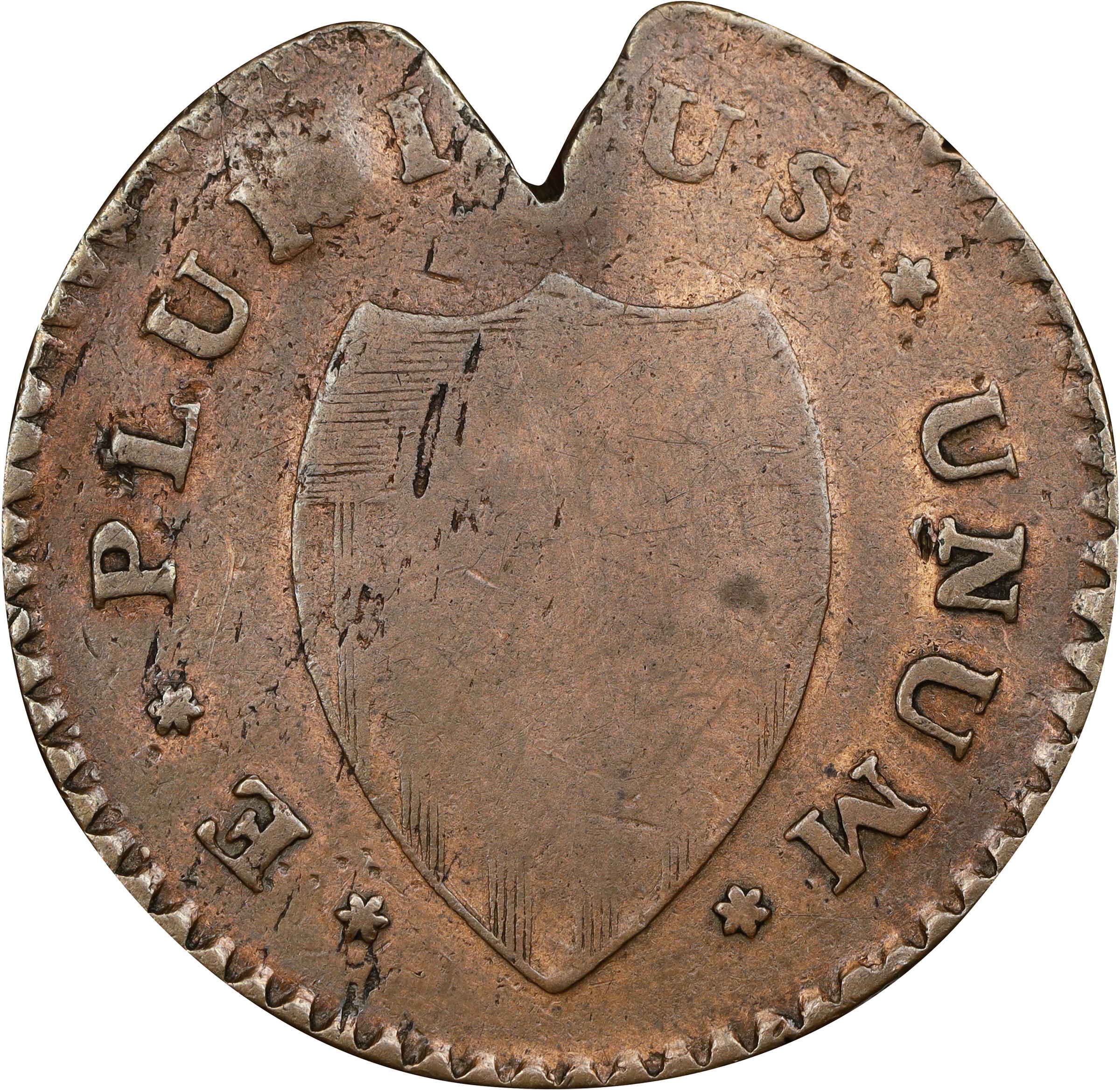 image for: 1786 New Jersey Copper. Maris 24-P, W-4965. Rarity-2. Curved Plow Beam, Narrow Shield. Very Fine, Flawed Planchet, Cleaned.