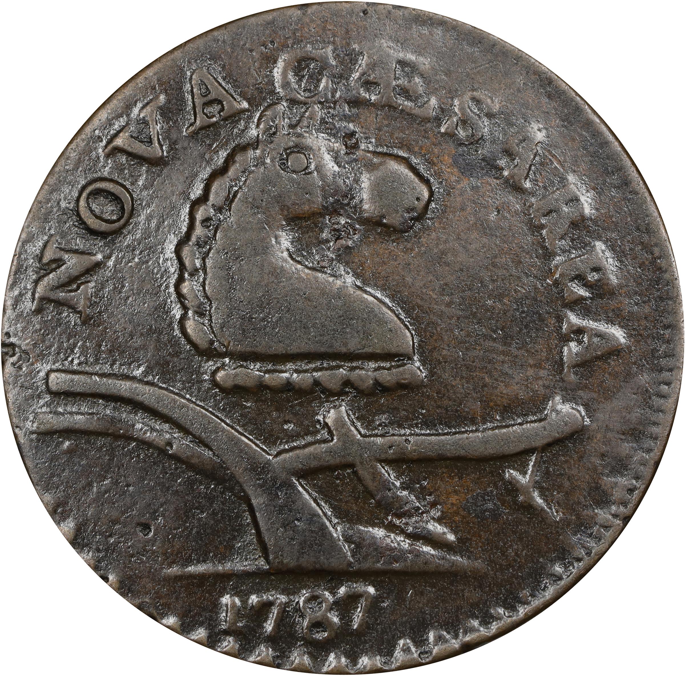 image for: 1787 New Jersey Copper. Maris 56-n, W-5310. Rarity-1. No Sprig Above Plow, Camel Head. Very Fine, Pitted, Surfaces Smoothed.