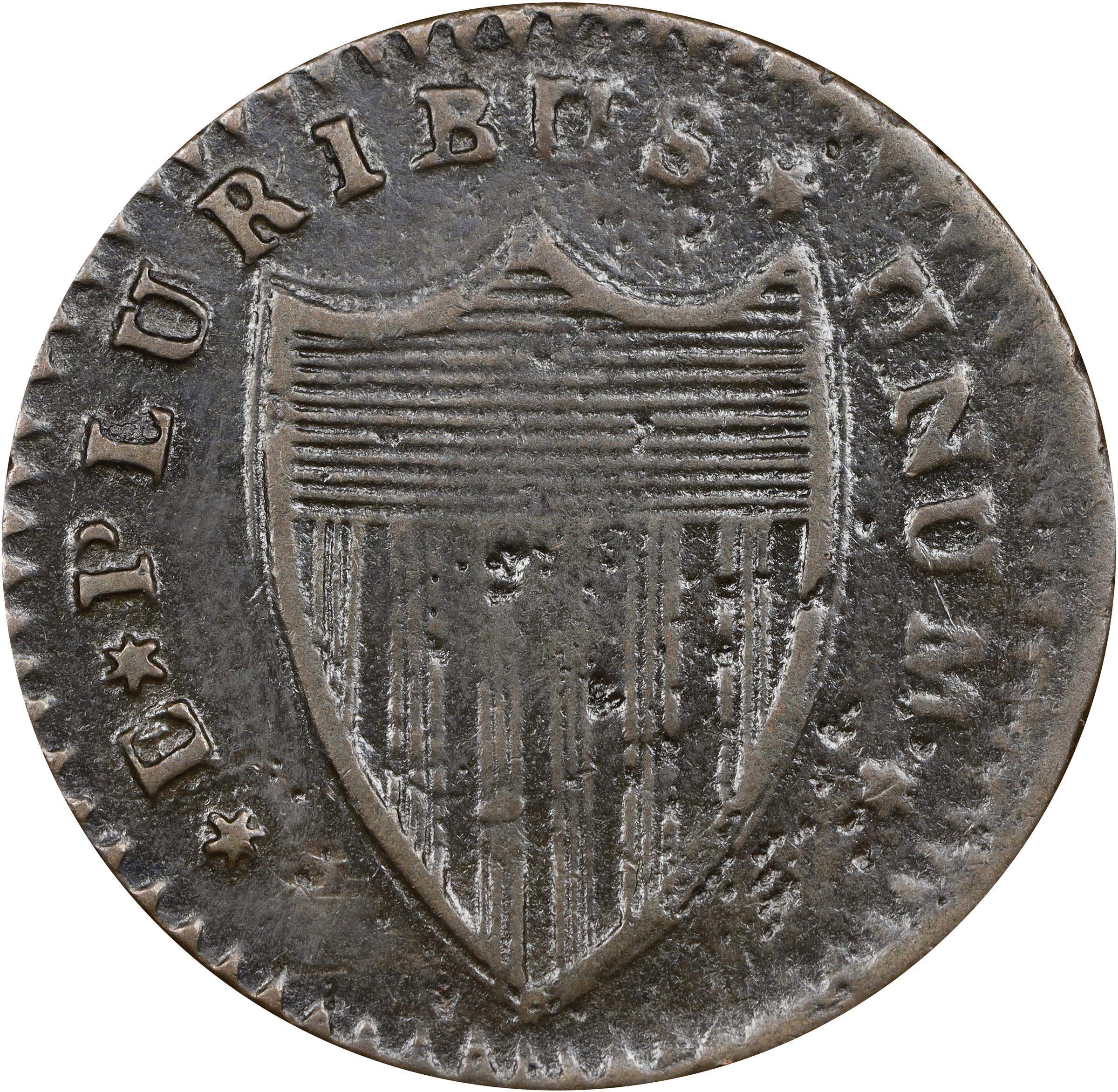 image for: 1787 New Jersey Copper. Maris 56-n, W-5310. Rarity-1. No Sprig Above Plow, Camel Head. Very Fine, Pitted, Surfaces Smoothed.