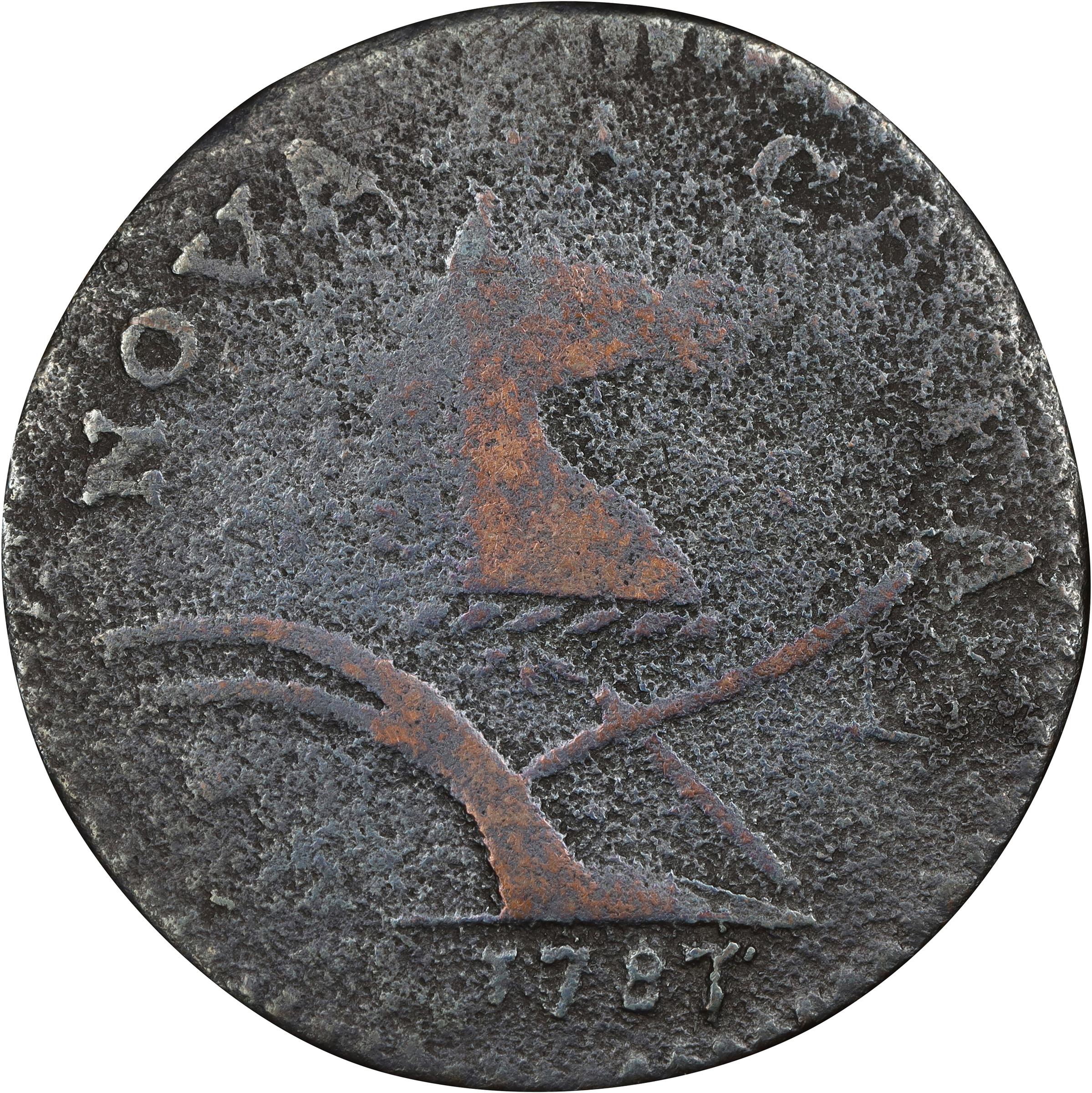 image for: 1787 New Jersey Copper. Maris 61-p, W-5345. Rarity-5-. Sprig Above Plow, PLURIBS. Large Planchet. Very Good, Heavy Porosity, Cleaning.