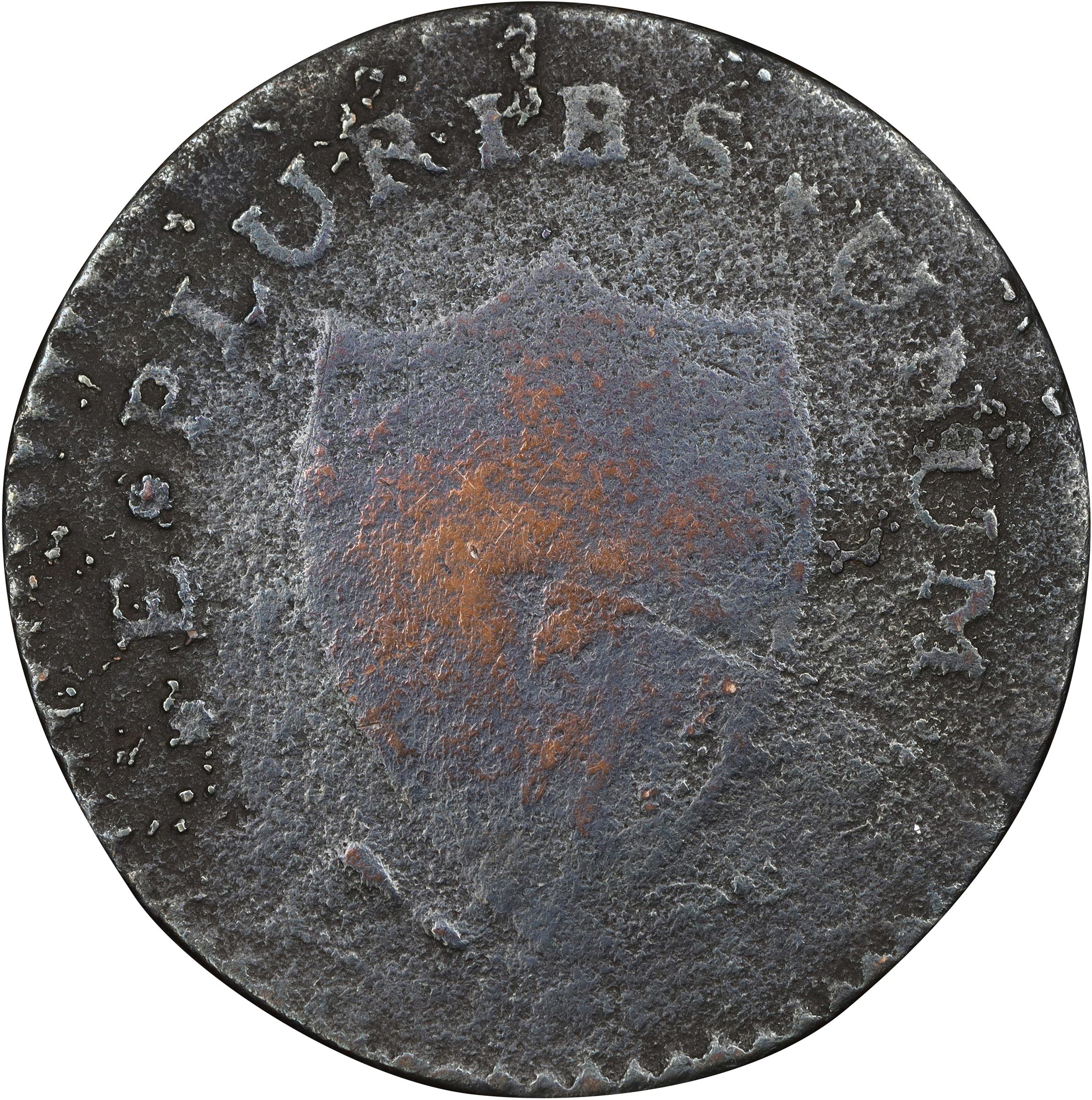 image for: 1787 New Jersey Copper. Maris 61-p, W-5345. Rarity-5-. Sprig Above Plow, PLURIBS. Large Planchet. Very Good, Heavy Porosity, Cleaning.