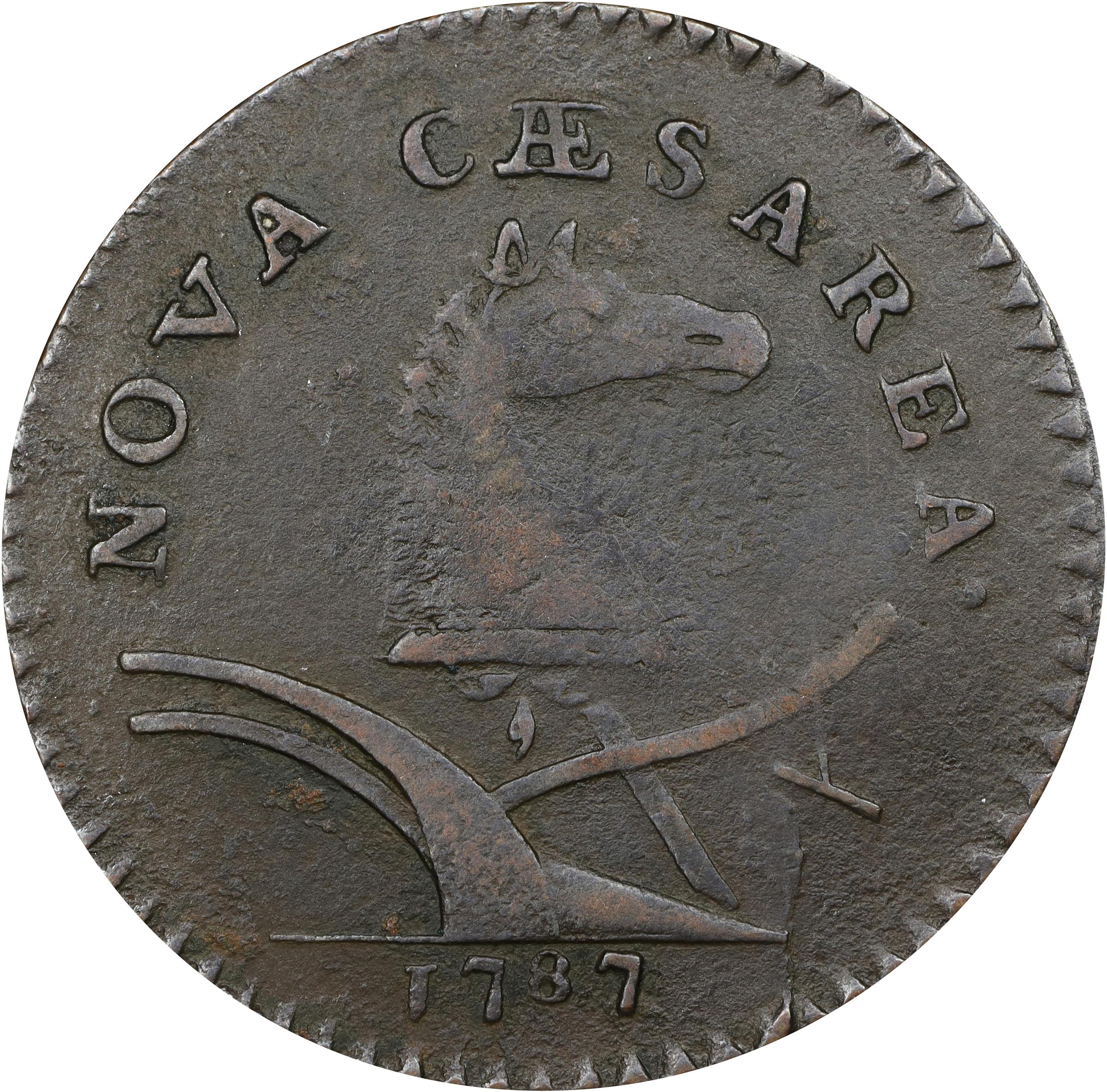 image for: 1787 New Jersey Copper. Maris 62-q, W-5350. Rarity-3. Sprig Above Plow, Hidden WM. Large Planchet. Fine, Light Granularity.