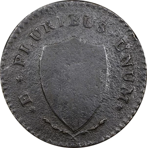 image for: 1787 New Jersey Copper. Maris 63-q, W-5365. Rarity-3. Sprig Above Plow, Broken Shield. Large Planchet. Fine, Granular.