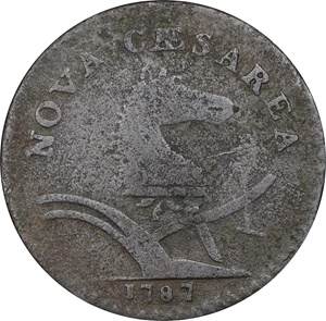 image for: 1787 New Jersey Copper. Maris 63-q, W-5365. Rarity-3. Sprig Above Plow, Broken Shield. Large Planchet. Fine, Granular.