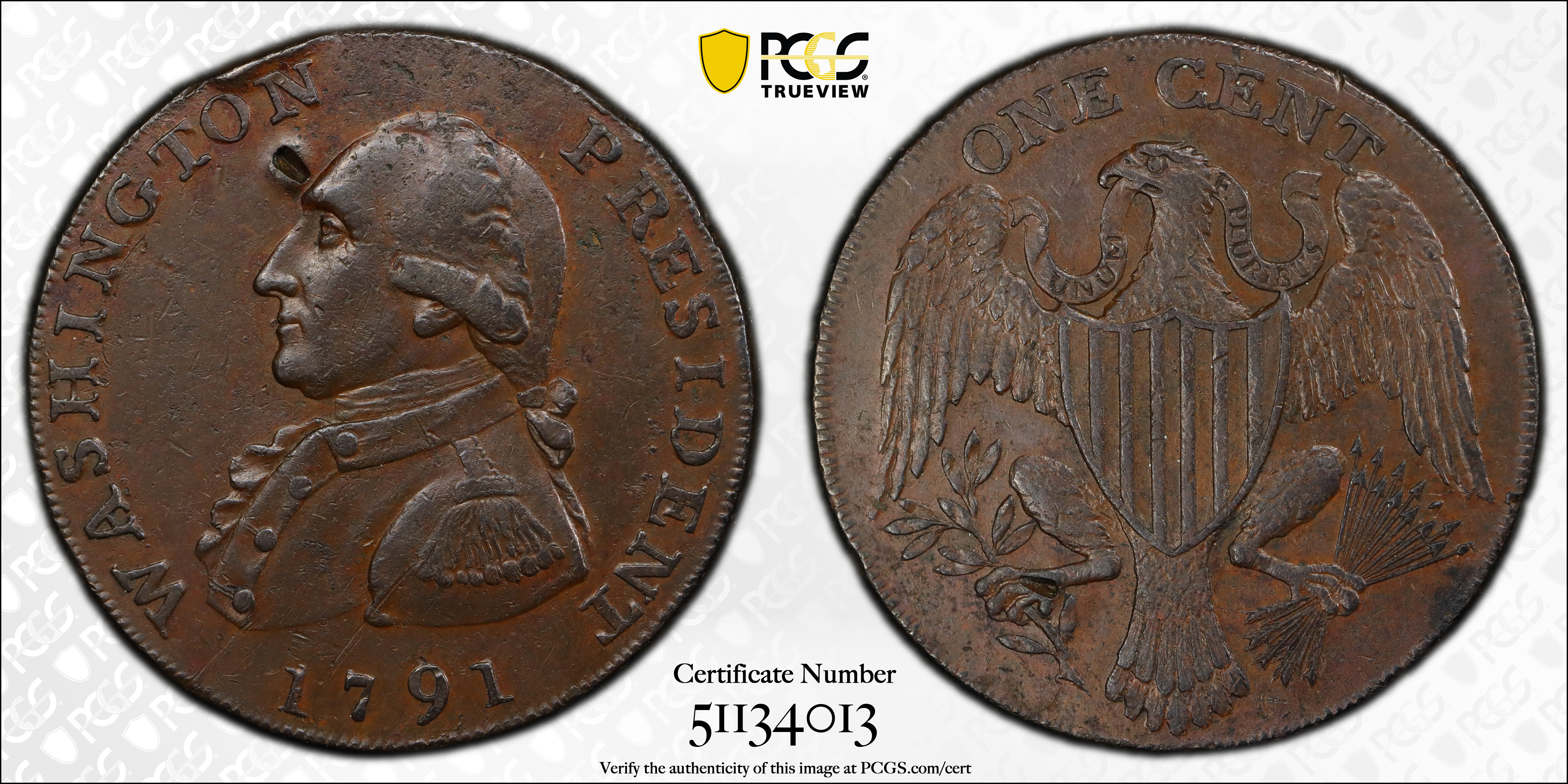 image for: 1791 Washington Large Eagle Cent. Musante GW-15, Baker-15, W-10610. Lettered Edge. AU Details--Gouged (PCGS).