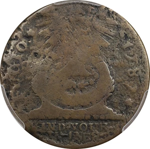 image for: 1787 Fugio Cent. Pointed Rays. Newman 7-T, W-6735. Rarity-4. STATES UNITED, 4 Cinquefoils. Good Details--Environmental Damage (PCGS).