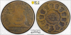 image for: 1787 Fugio Cent. Pointed Rays. Newman 7-T, W-6735. Rarity-4. STATES UNITED, 4 Cinquefoils. Good Details--Environmental Damage (PCGS).