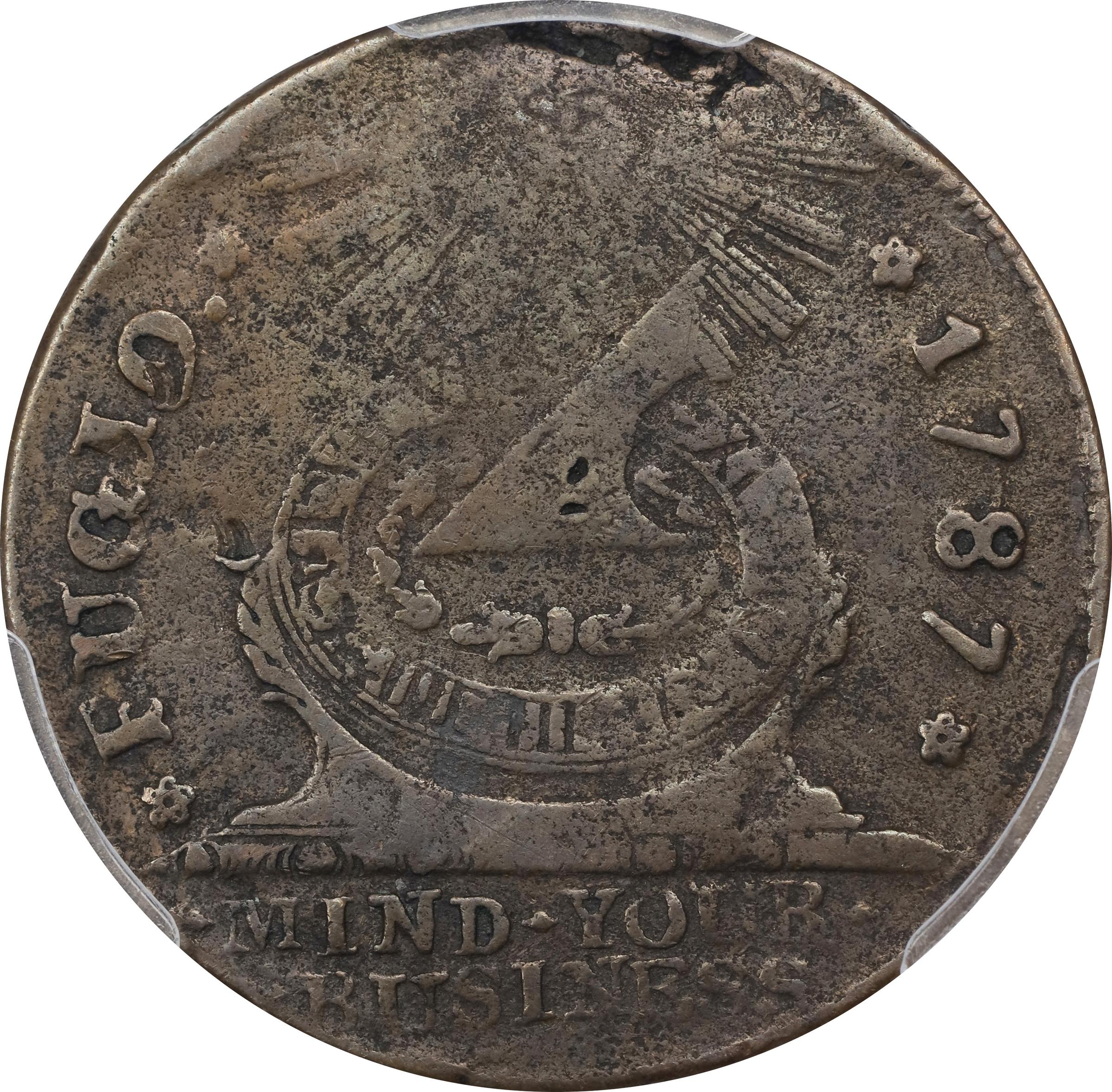 image for: 1787 Fugio Cent. Pointed Rays. Newman 16-N, W-6925. Rarity-3. STATES UNITED, 4 Cinquefoils. VF Details--Bent (PCGS).