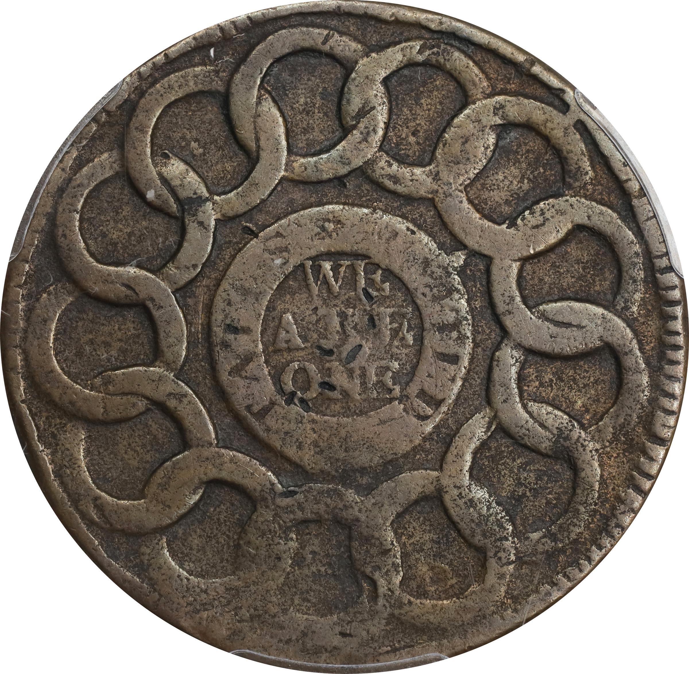 image for: 1787 Fugio Cent. Pointed Rays. Newman 16-N, W-6925. Rarity-3. STATES UNITED, 4 Cinquefoils. VF Details--Bent (PCGS).