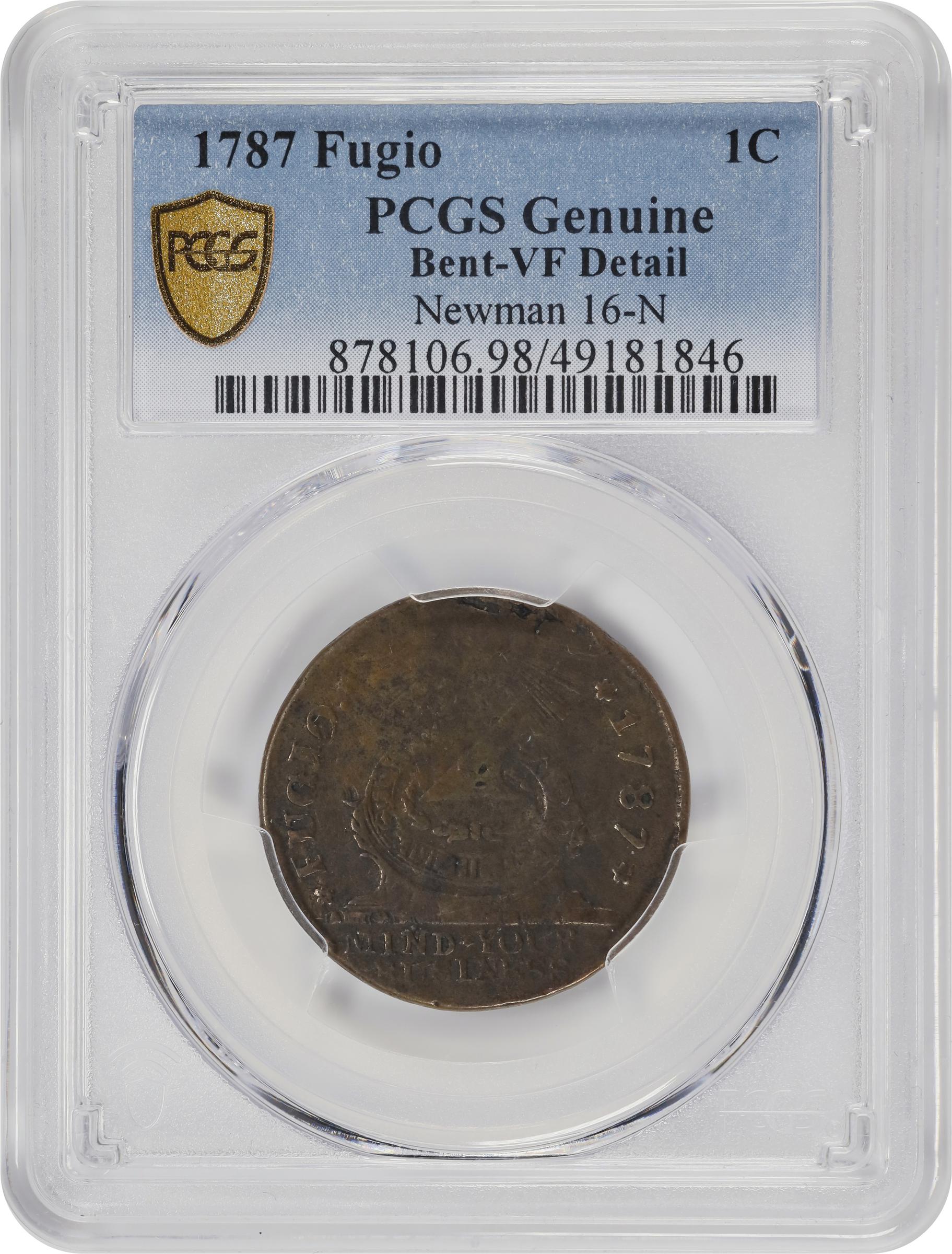 image for: 1787 Fugio Cent. Pointed Rays. Newman 16-N, W-6925. Rarity-3. STATES UNITED, 4 Cinquefoils. VF Details--Bent (PCGS).