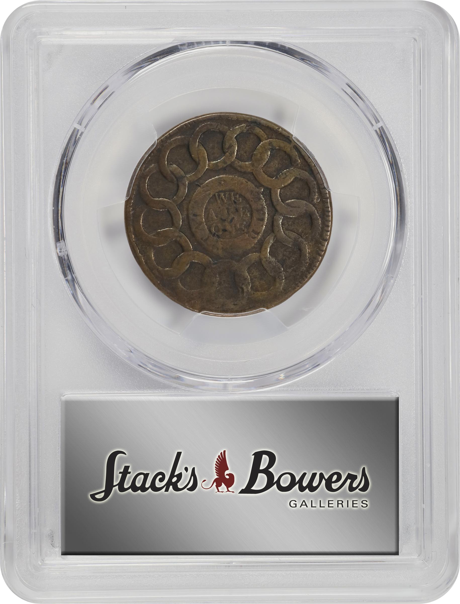 image for: 1787 Fugio Cent. Pointed Rays. Newman 16-N, W-6925. Rarity-3. STATES UNITED, 4 Cinquefoils. VF Details--Bent (PCGS).