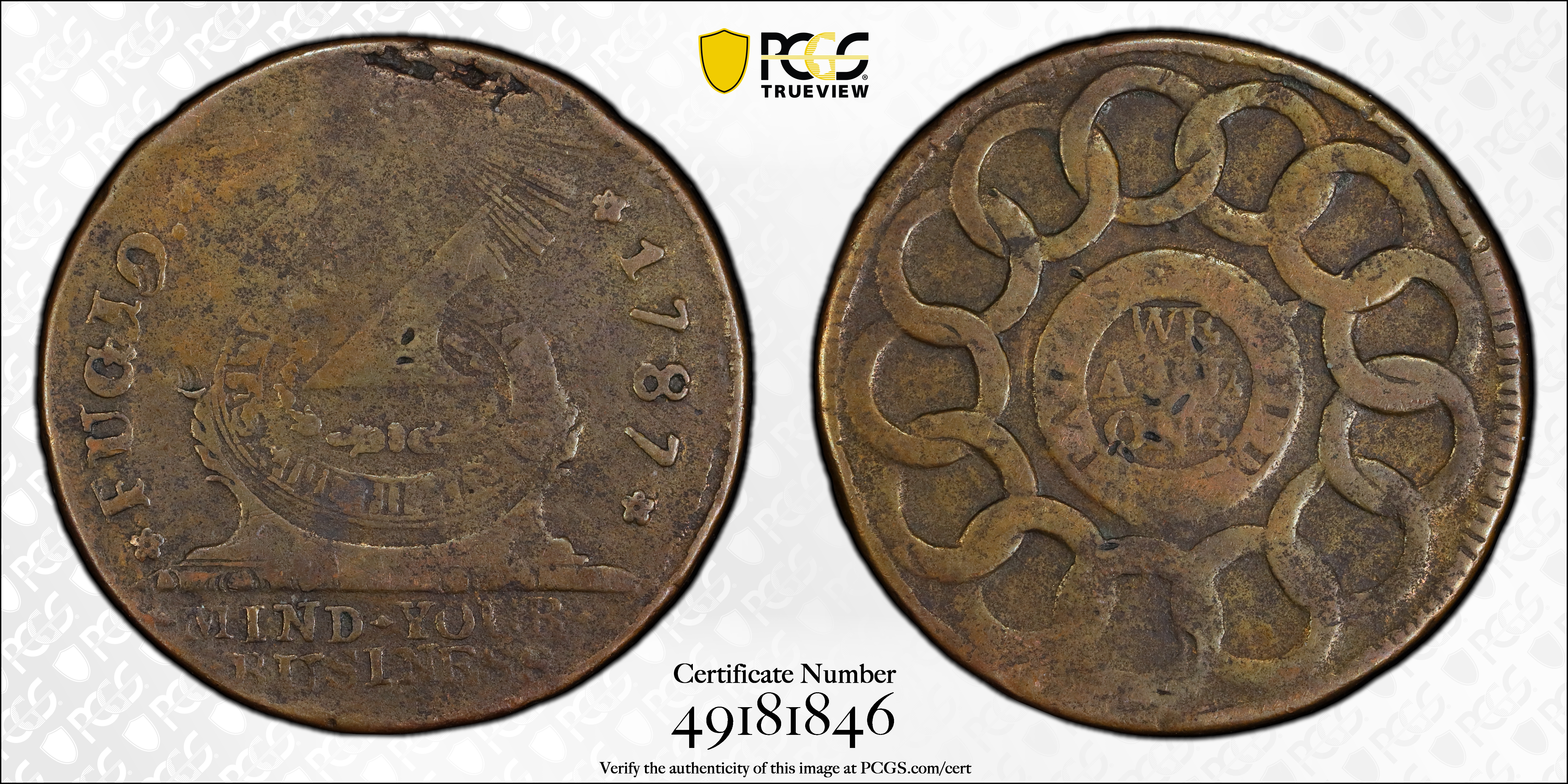 image for: 1787 Fugio Cent. Pointed Rays. Newman 16-N, W-6925. Rarity-3. STATES UNITED, 4 Cinquefoils. VF Details--Bent (PCGS).