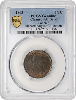 image for: 1803 Draped Bust Half Cent. C-3. Rarity-1. Widely Spaced 3. AU Details--Cleaned (PCGS).