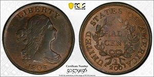 image for: 1803 Draped Bust Half Cent. C-3. Rarity-1. Widely Spaced 3. AU Details--Cleaned (PCGS).