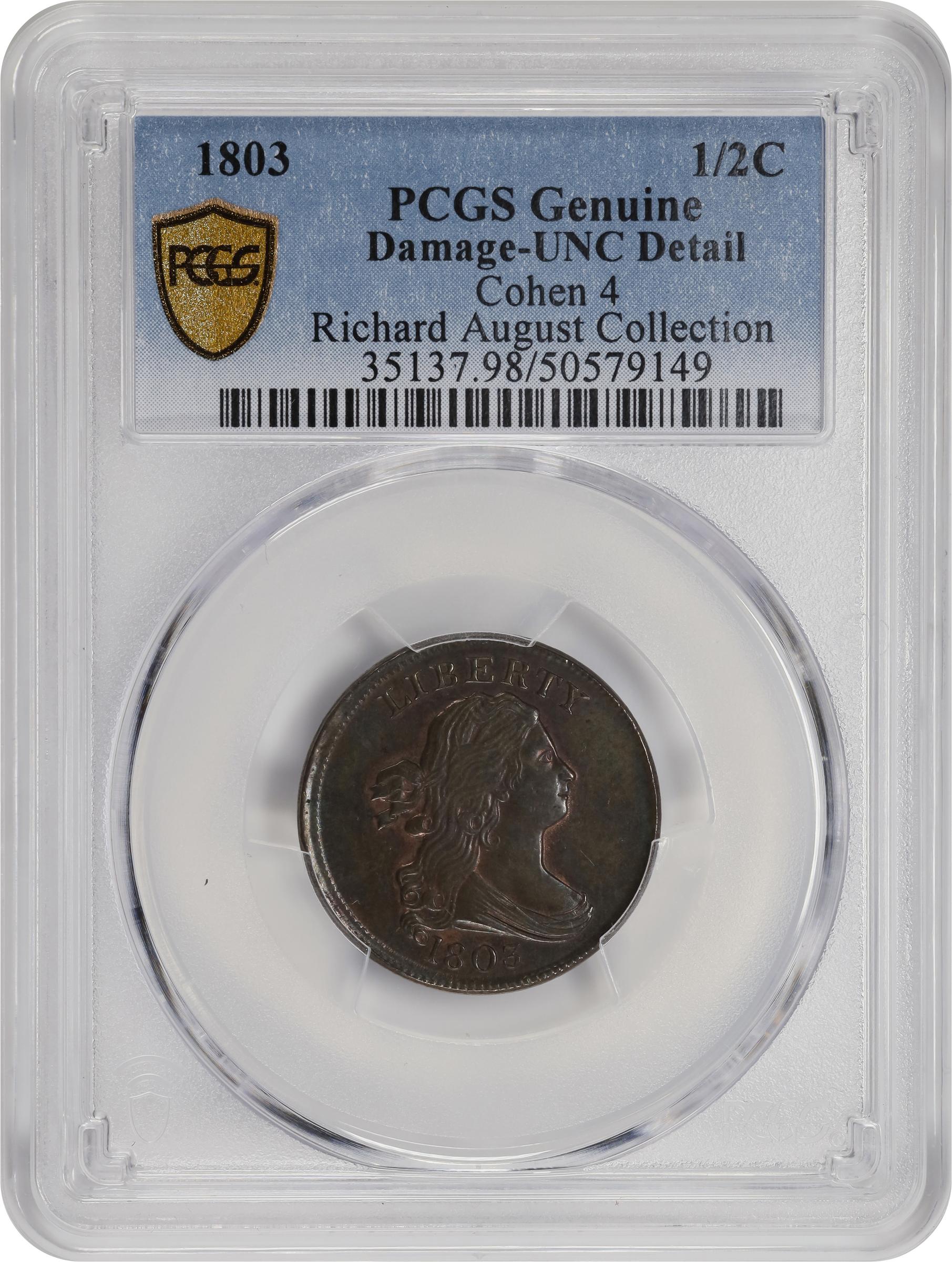 image for: 1803 Draped Bust Half Cent. C-4. Rarity-3. Unc Details--Damage (PCGS).