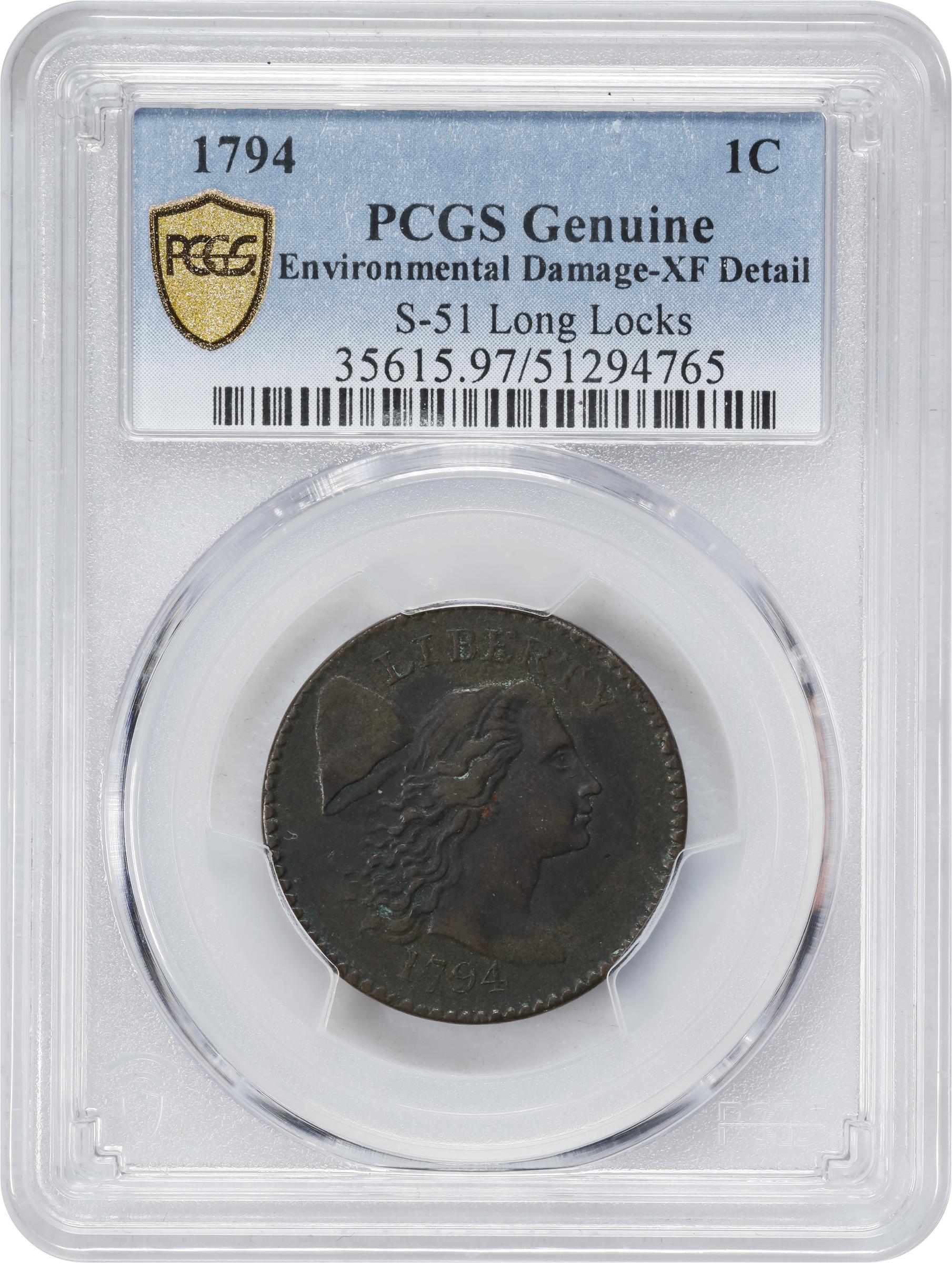 image for: 1794 Liberty Cap Cent. S-51, B-42. Rarity-5-. Head of 1794, Long Locks. EF Details--Environmental Damage (PCGS).