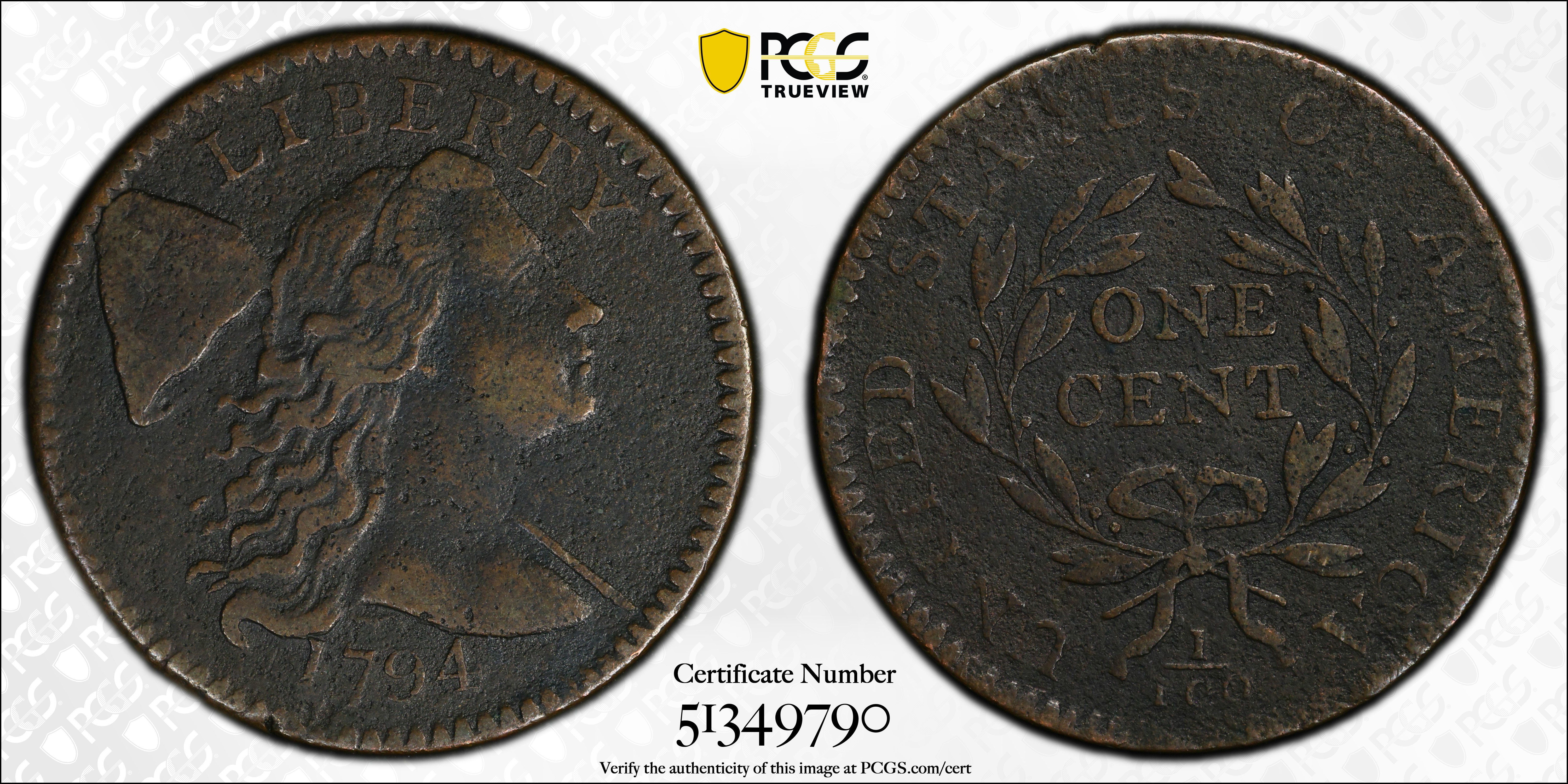 image for: 1794 Liberty Cap Cent. S-61, B-53. Rarity-4. Head of 1794. EF Details--Environmental Damage (PCGS).
