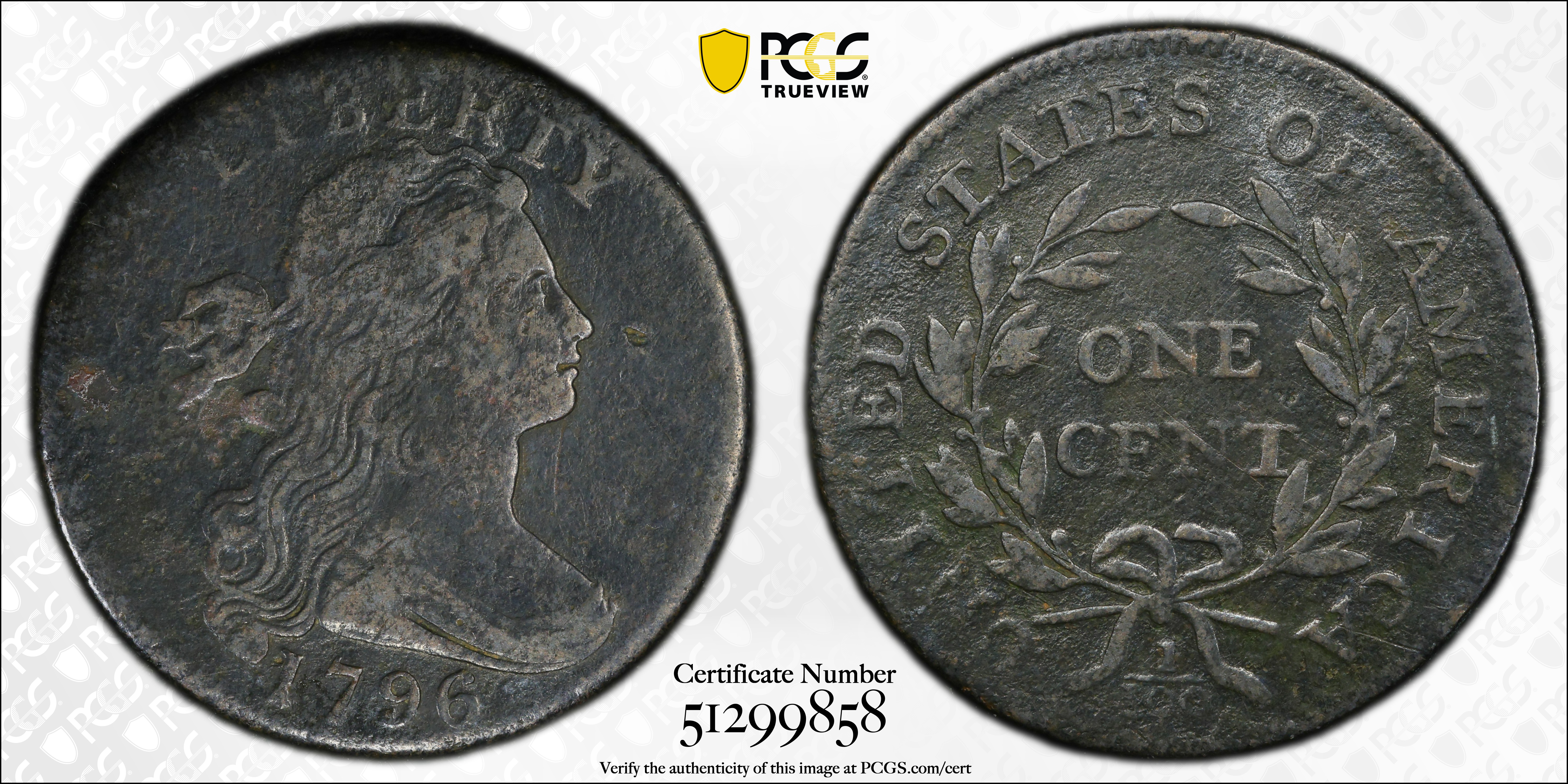 image for: 1796 Draped Bust Cent. S-93, B-34. Rarity-3. Reverse of 1795. Fine Details--Environmental Damage (PCGS).