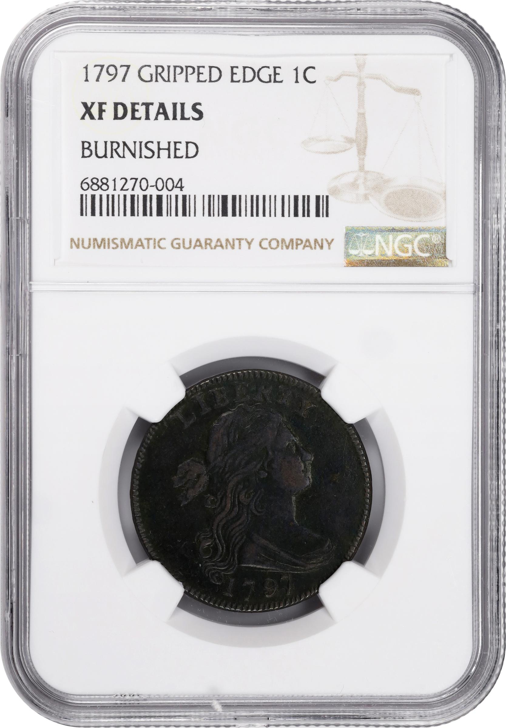 image for: 1797 Draped Bust Cent. S-120B, B-2a. Rarity-2. Reverse of 1795, Gripped Edge. EF Details--Burnished (NGC).