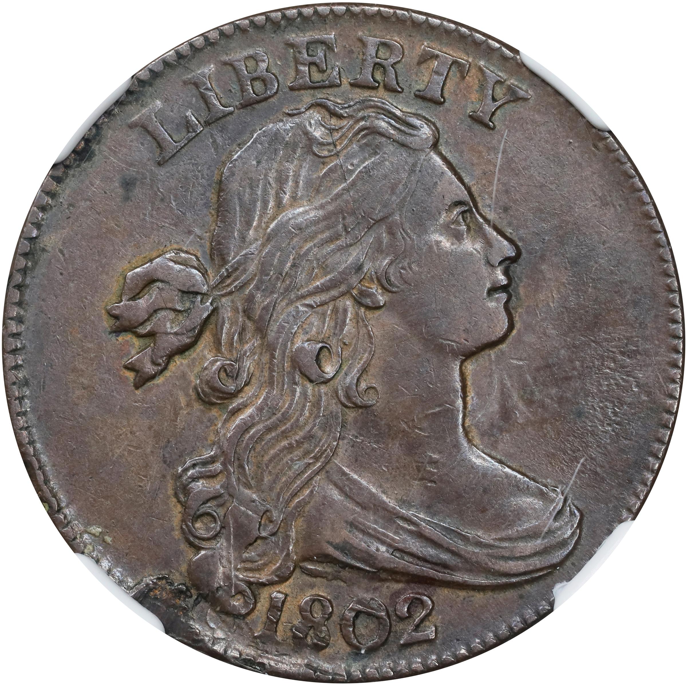 image for: 1802 Draped Bust Cent. S-236, B-16. Rarity-1. AU Details--Rim Damage (NGC).