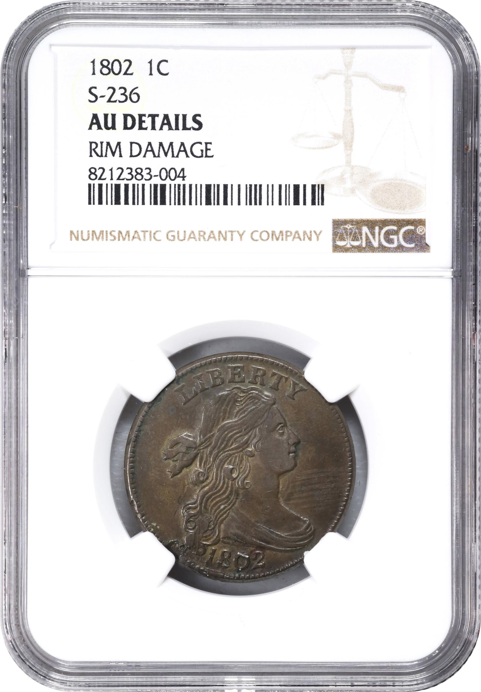 image for: 1802 Draped Bust Cent. S-236, B-16. Rarity-1. AU Details--Rim Damage (NGC).