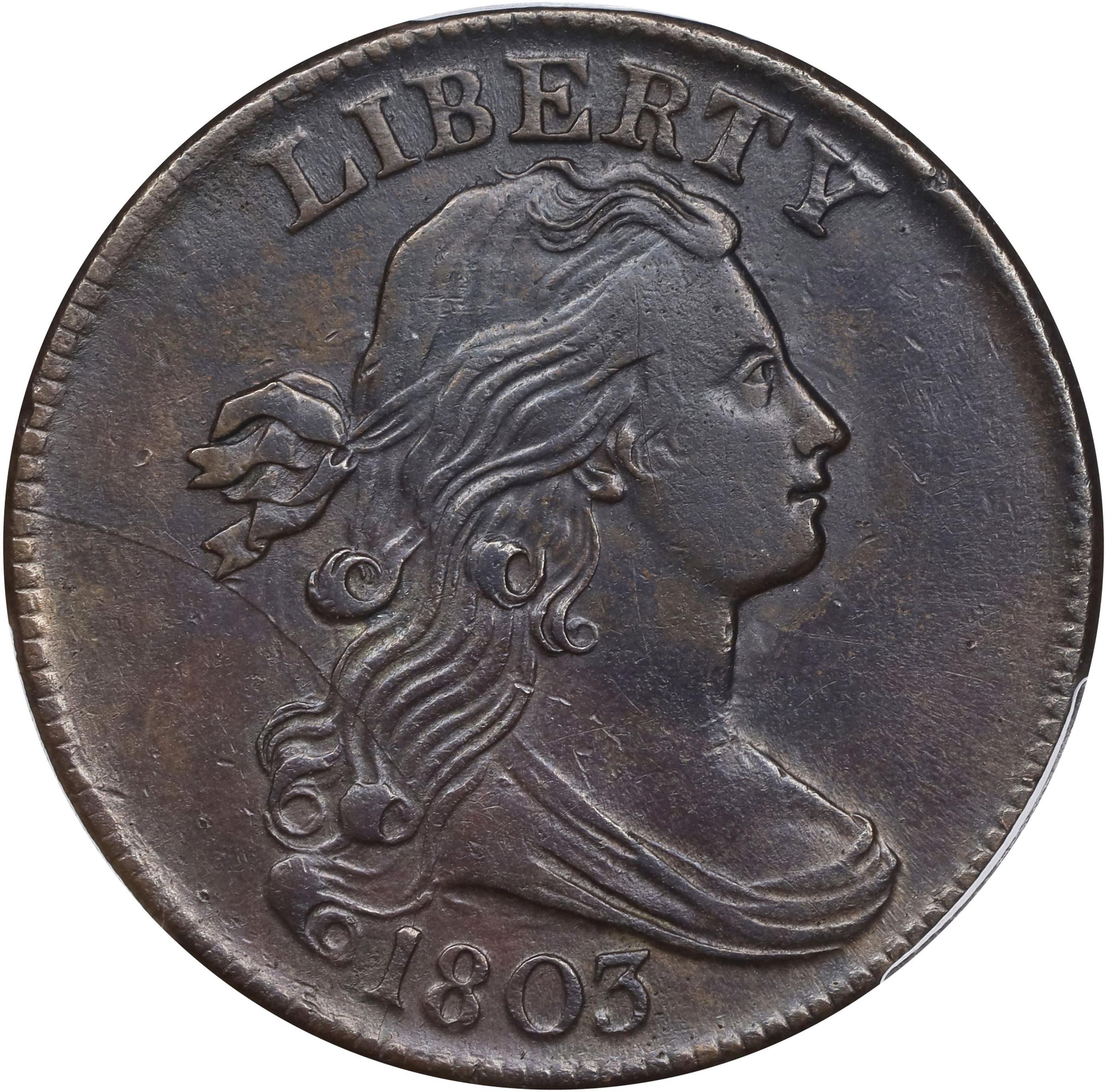 image for: 1803 Draped Bust Cent. S-258, B-17. Rarity-1. Small Date, Large Fraction. EF Details--Environmental Damage (PCGS).