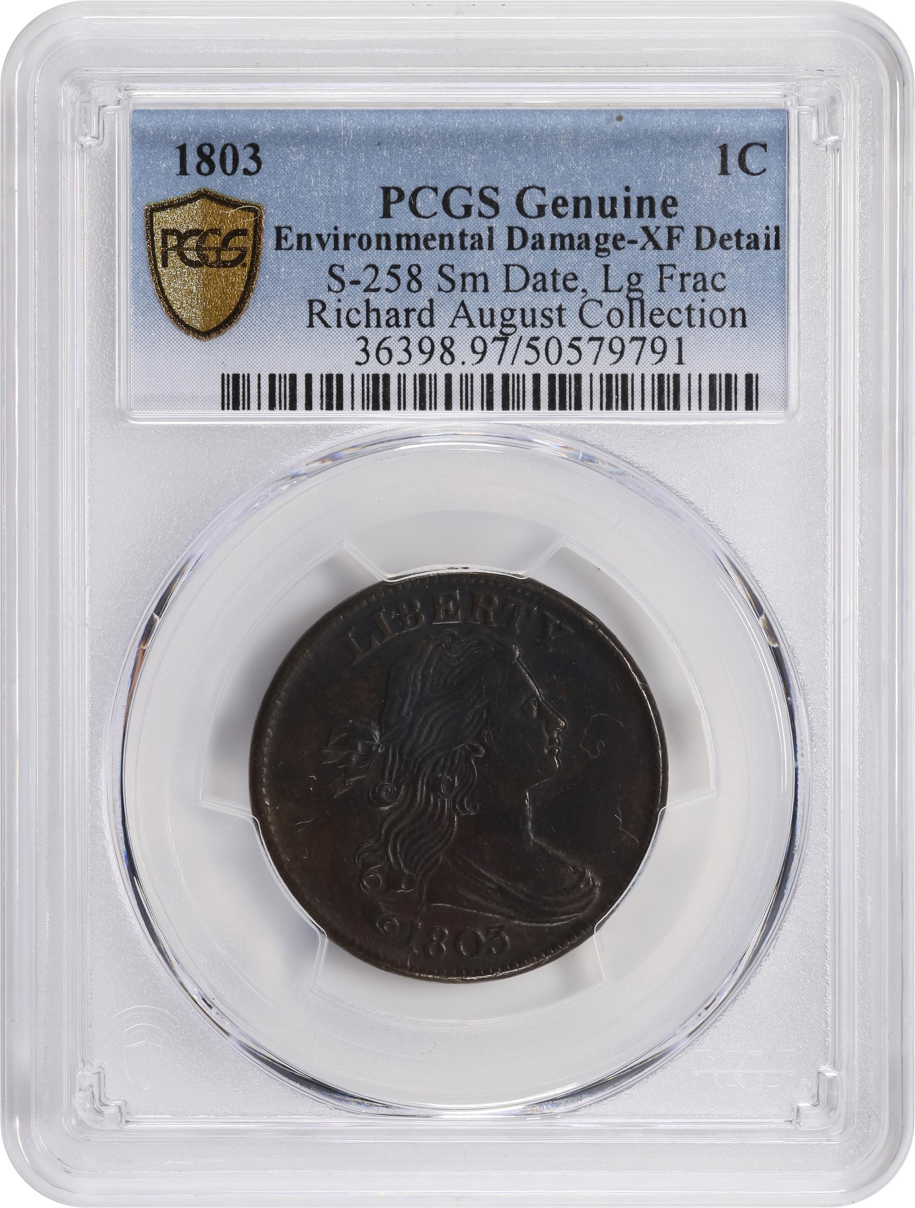image for: 1803 Draped Bust Cent. S-258, B-17. Rarity-1. Small Date, Large Fraction. EF Details--Environmental Damage (PCGS).
