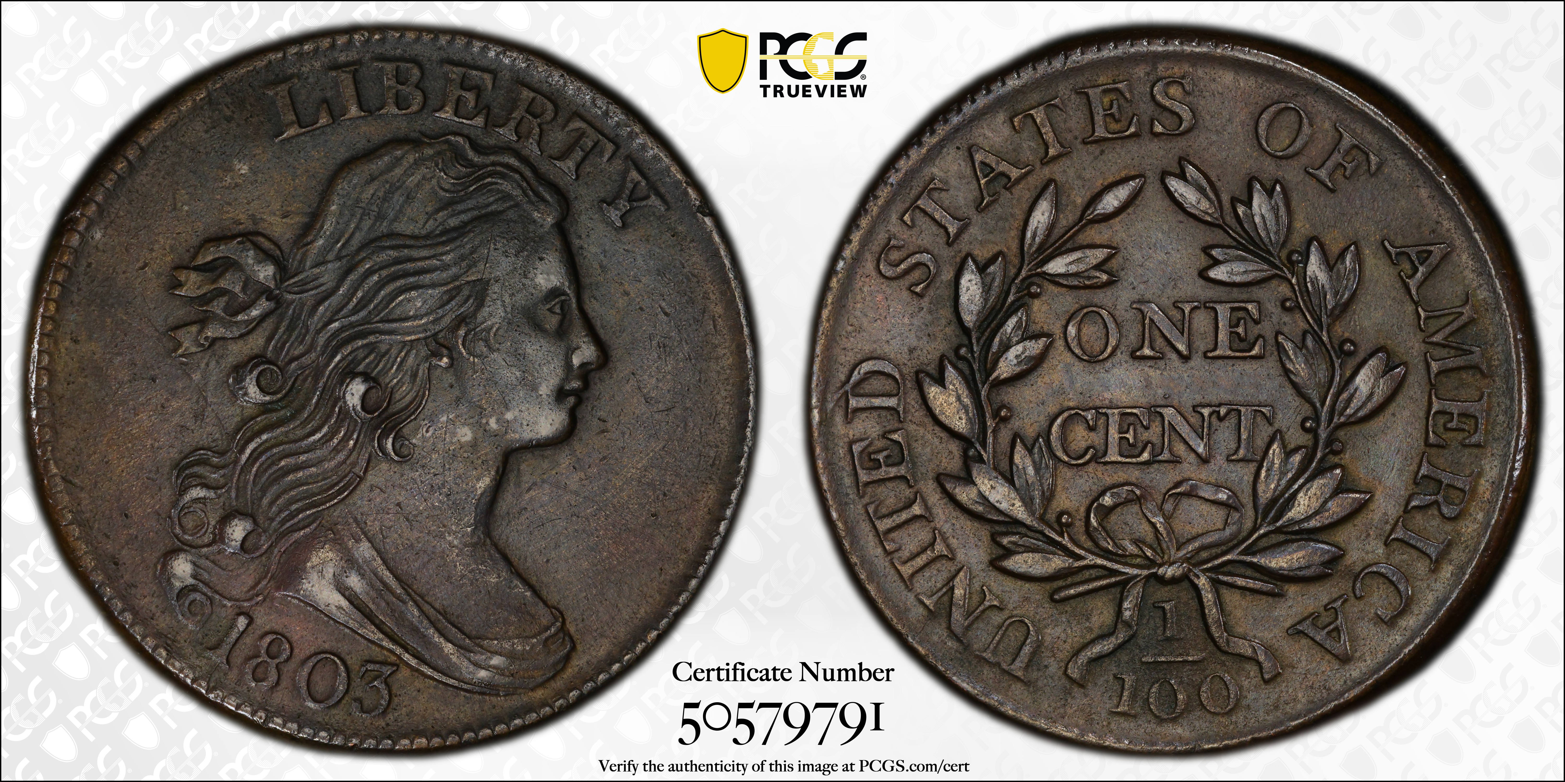 image for: 1803 Draped Bust Cent. S-258, B-17. Rarity-1. Small Date, Large Fraction. EF Details--Environmental Damage (PCGS).