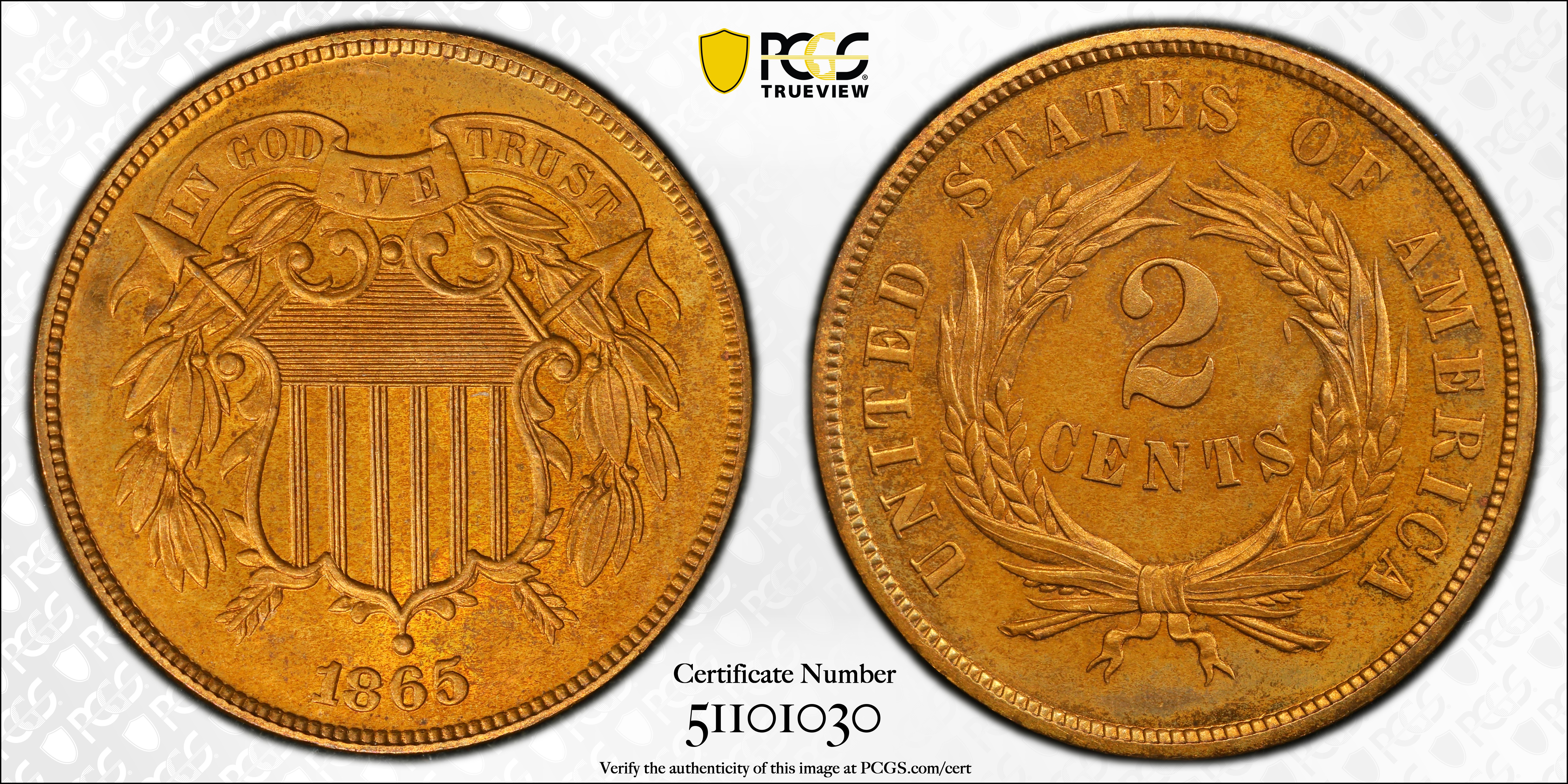 image for: 1865 Two-Cent Piece. Proof. Unc Details--Questionable Color (PCGS).