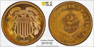 image for: 1866 Two-Cent Piece. Proof. Unc Details--Questionable Color (PCGS).