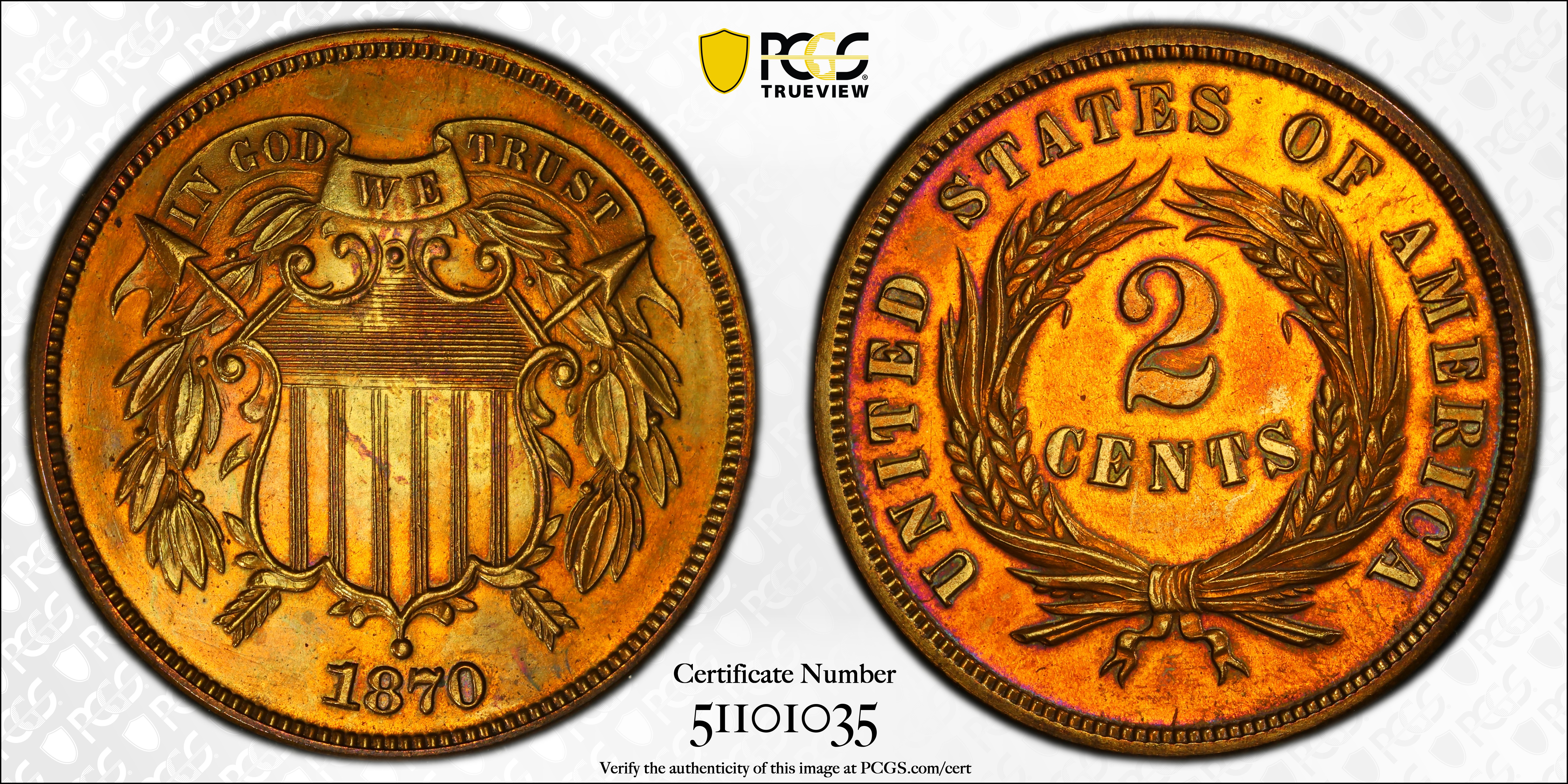 image for: 1870 Two-Cent Piece. Proof. Unc Details--Questionable Color (PCGS).